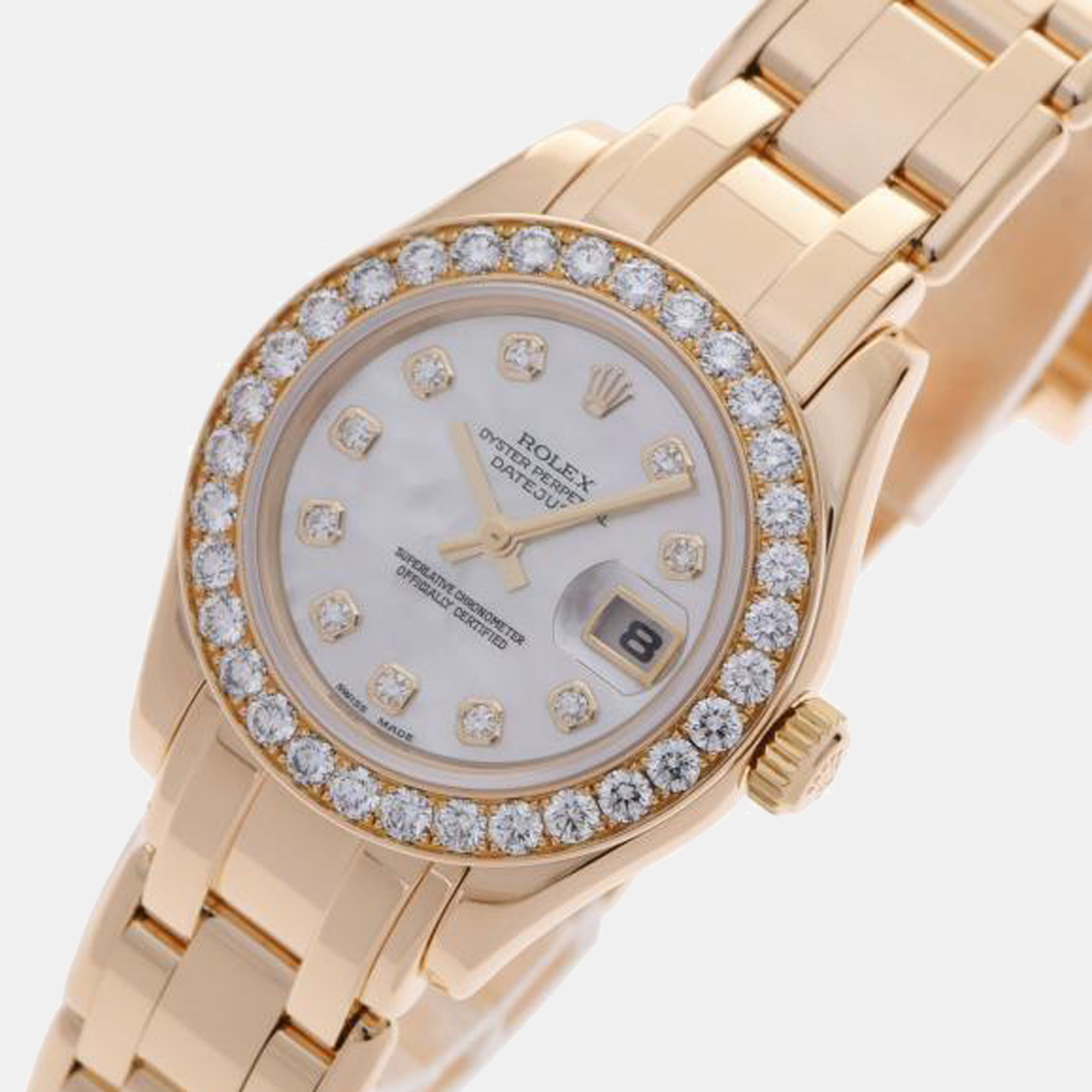 

Rolex MOP Diamonds 18K Yellow Gold Pearlmaster 80298 Women's Wristwatch 29 mm, White