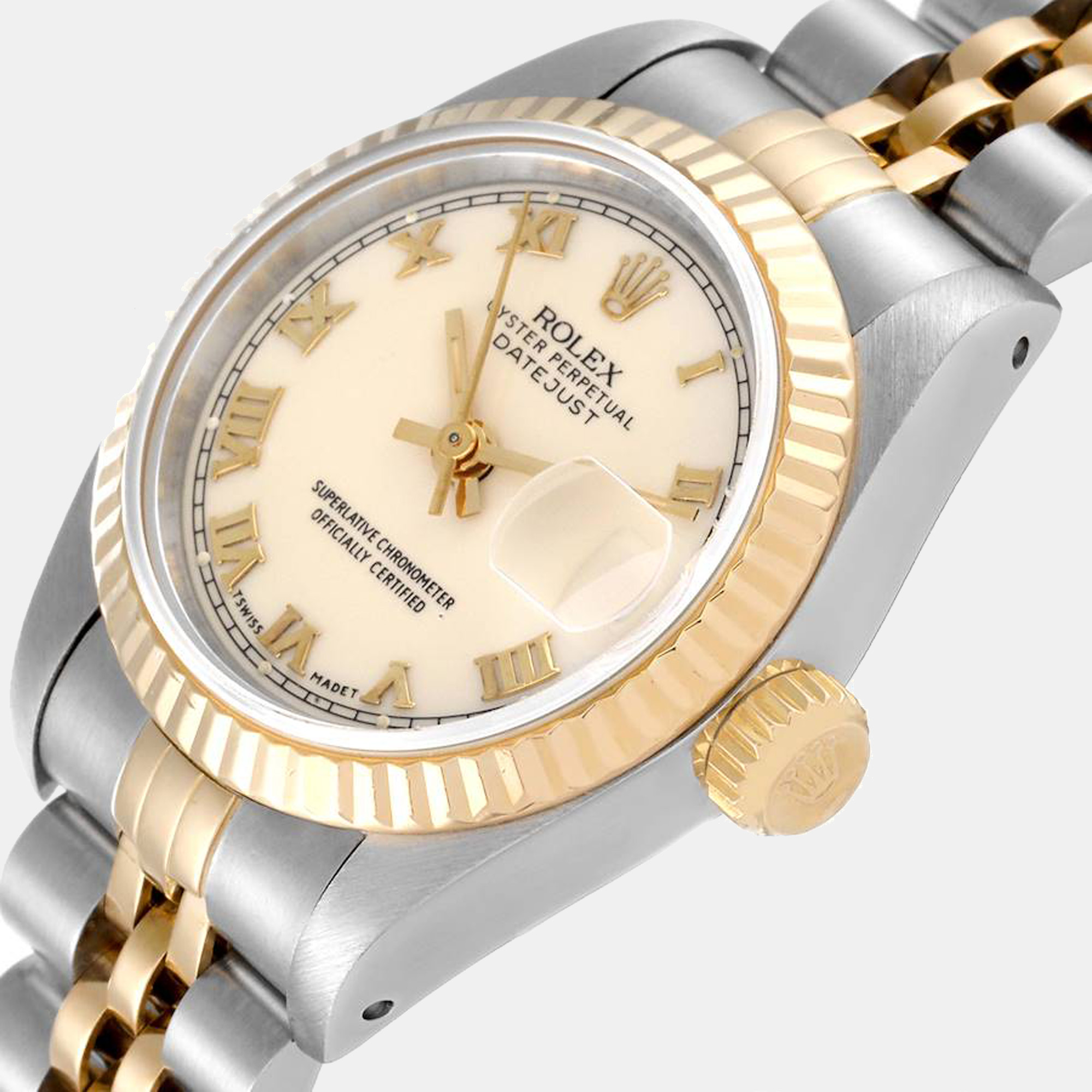 

Rolex White 18K Yellow Gold And Stainless Steel Datejust 69173 Women's Wristwatch 26 mm
