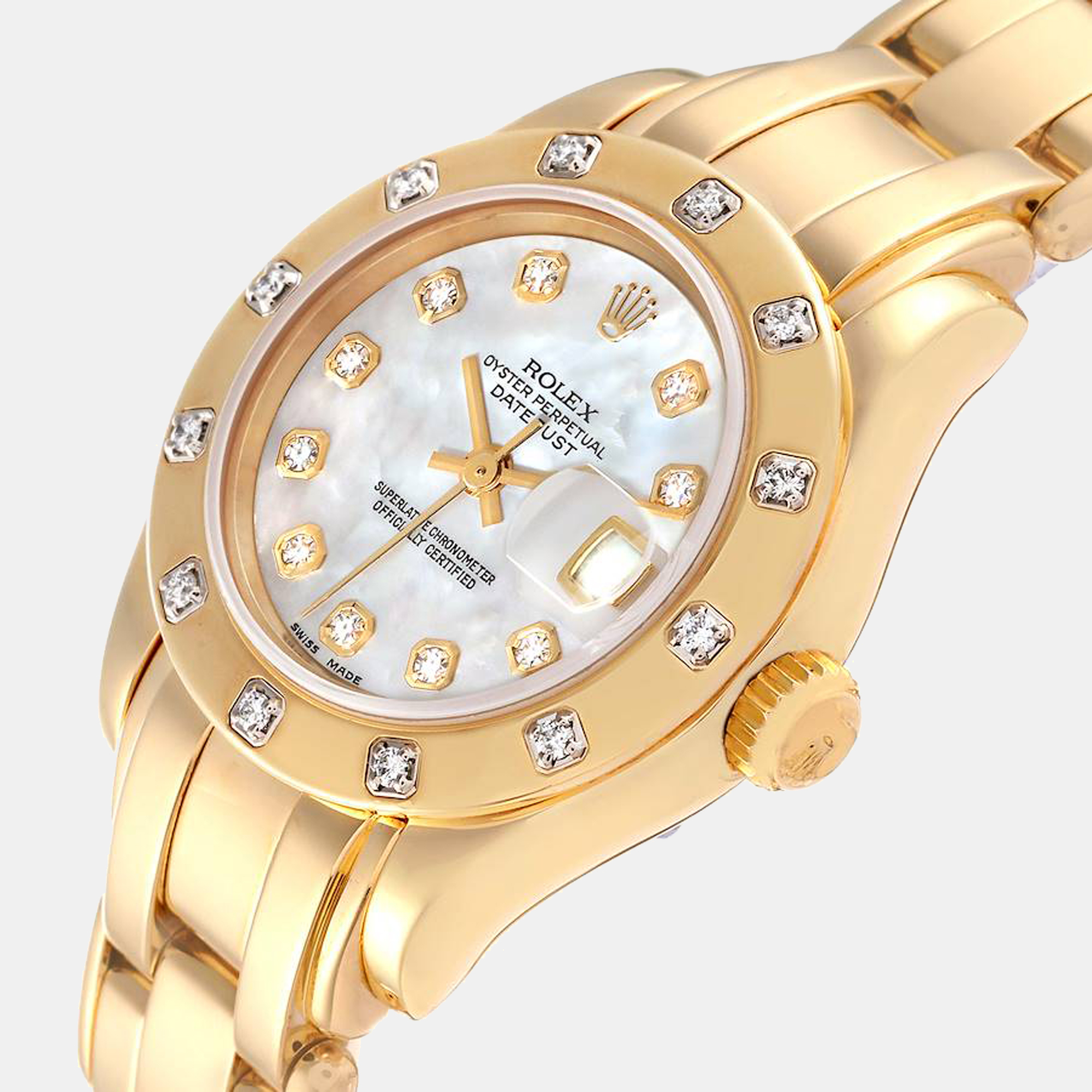 

Rolex Pearlmaster Yellow Gold MOP Dial Diamond Ladies Watch 69318, White