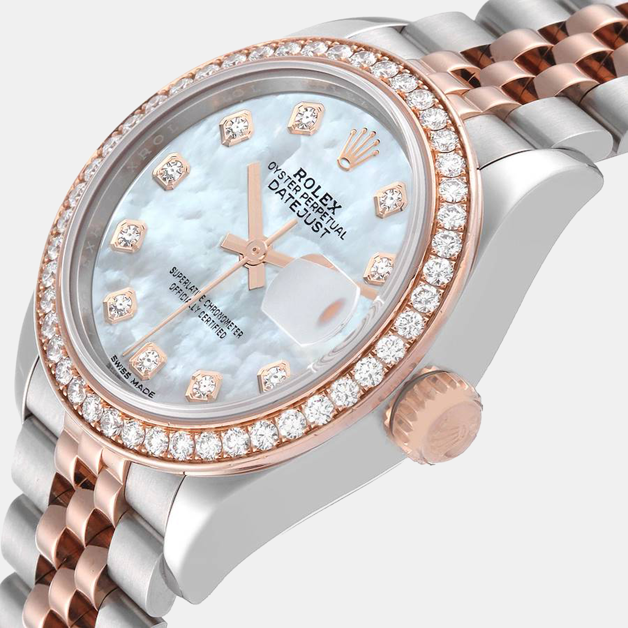 

Rolex Datejust Steel Everose Gold MOP Diamond Dial Ladies Watch 279381, White