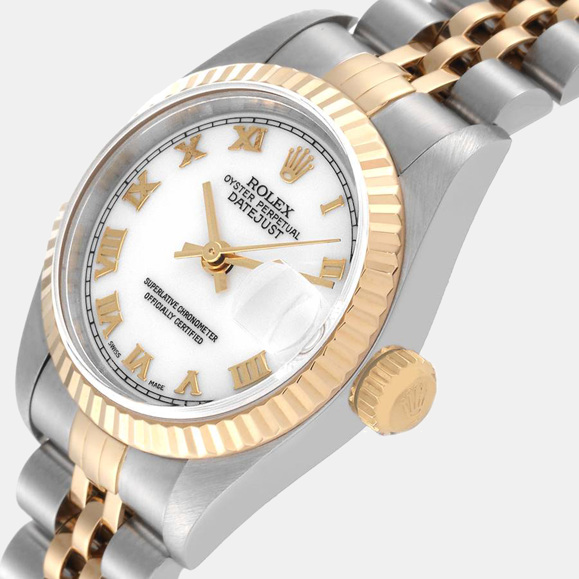 

Rolex White 18K Yellow Gold And Stainless Steel Datejust 79173 Women's Wristwatch 26 mm