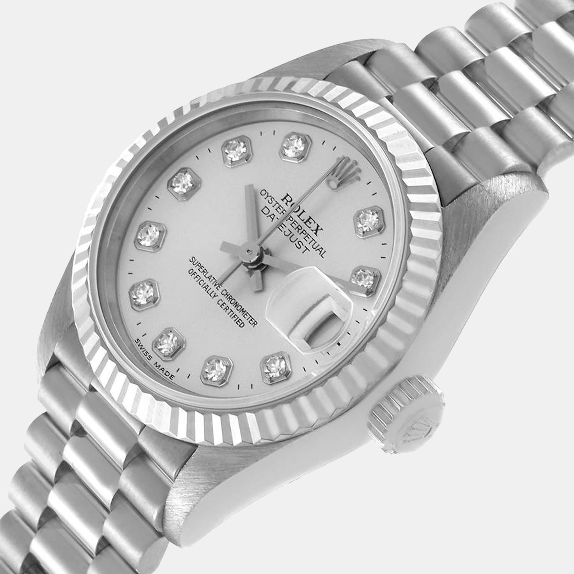 

Rolex Silver Diamonds 18k White Gold President Datejust 69179 Women's Wristwatch 26 mm