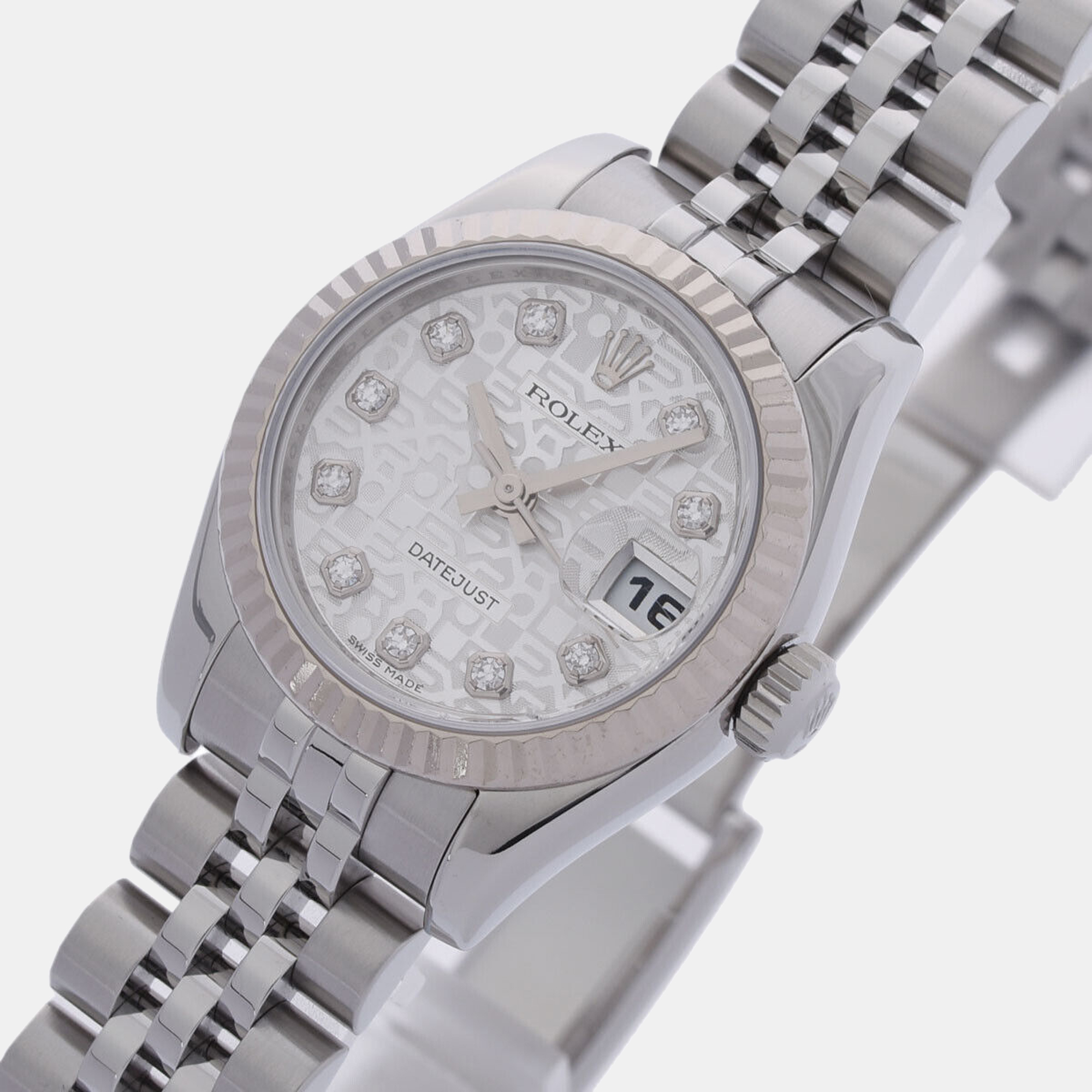 

Rolex Silver Diamonds 18K White Gold And Stainless Steel Datejust 179174 Women's Wristwatch 26 mm