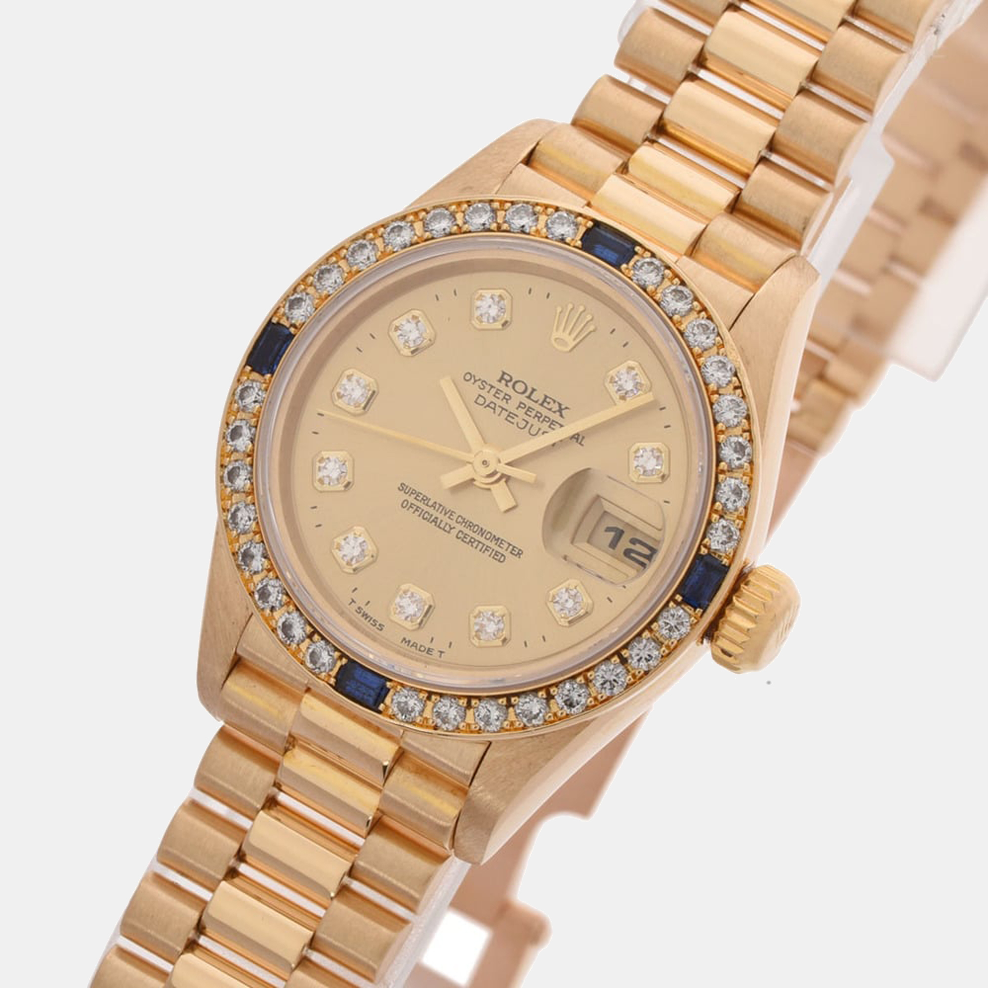 

Rolex Champagne Diamonds 18K Yellow Gold President Datejust 69088G Women's Wristwatch 26 mm