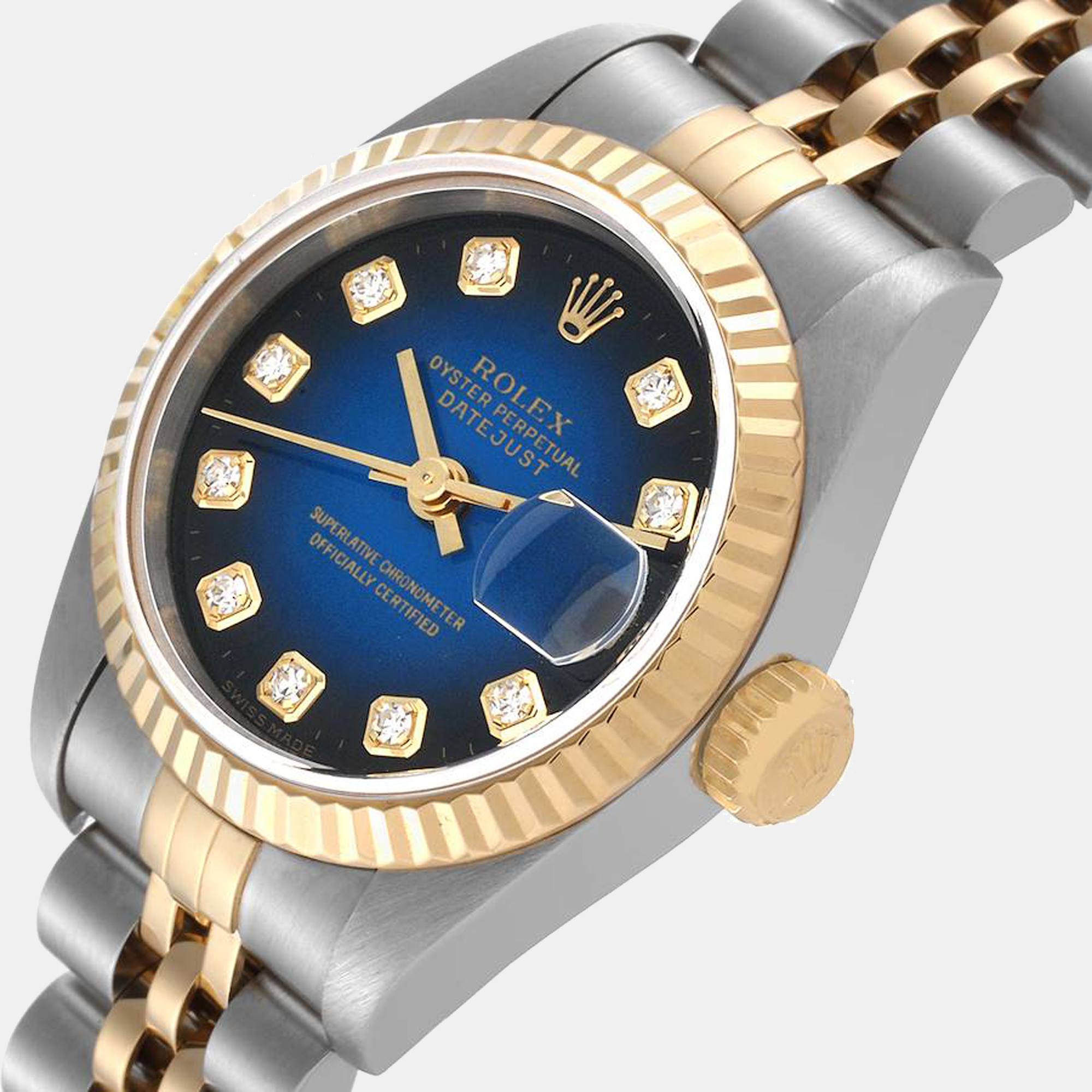 

Rolex Blue Diamonds 18K Yellow Gold And Stainless Steel Datejust 69173 Women's Wristwatch 26 mm