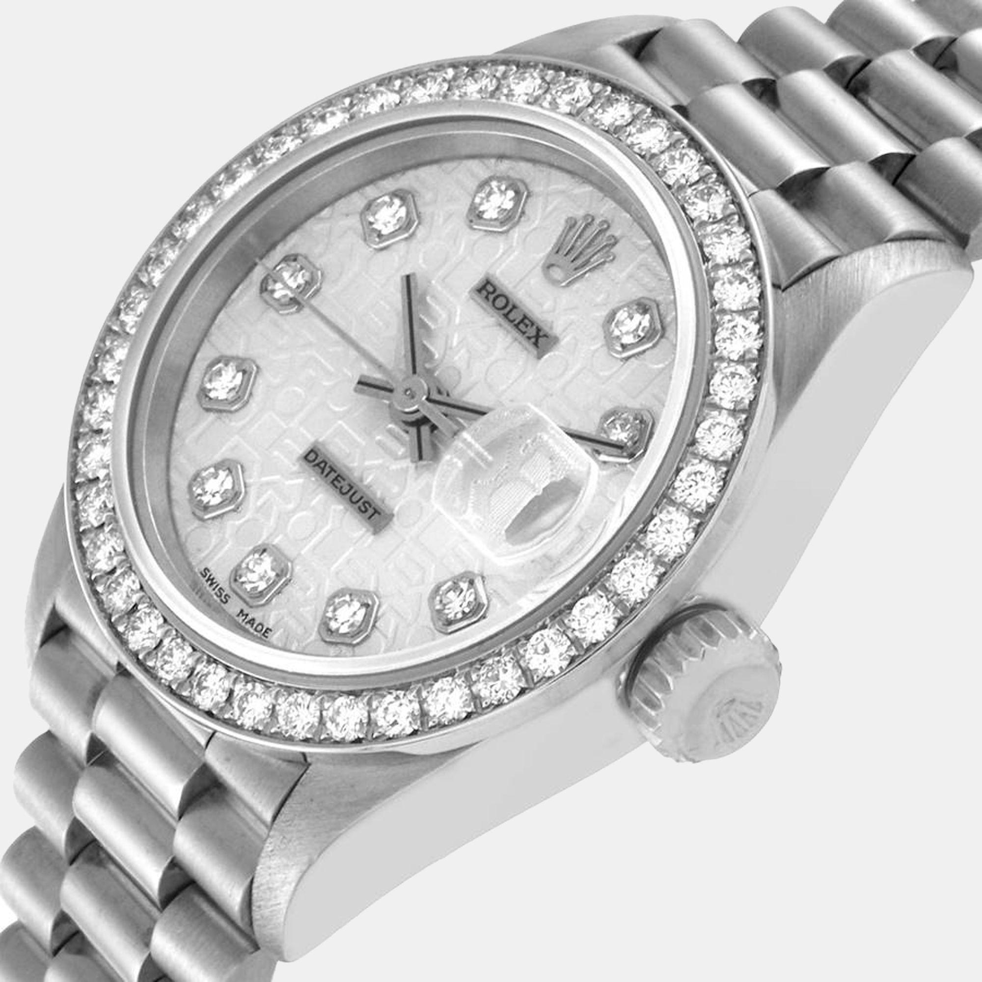 

Rolex Silver Diamonds Platinum President Datejust 69136 Women's Wristwatch 26 mm