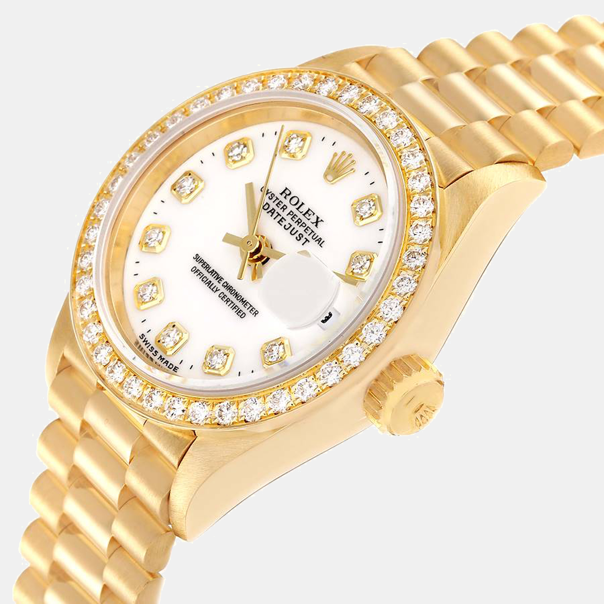 

Rolex White Diamonds 18K Yellow Gold President Datejust 69138 Women's Wristwatch 26 mm