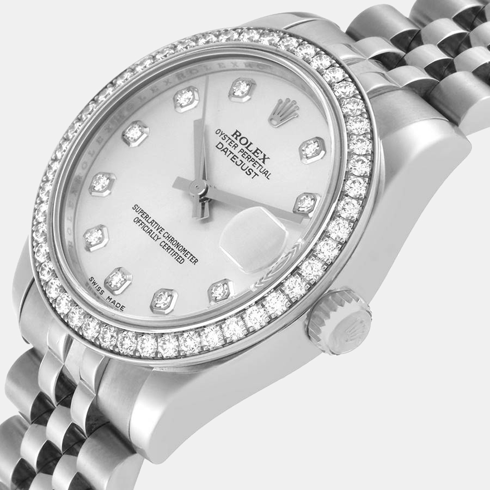 

Rolex Silver Diamonds 18K White Gold And Stainless Steel Datejust 178384 Women's Wristwatch 31 mm