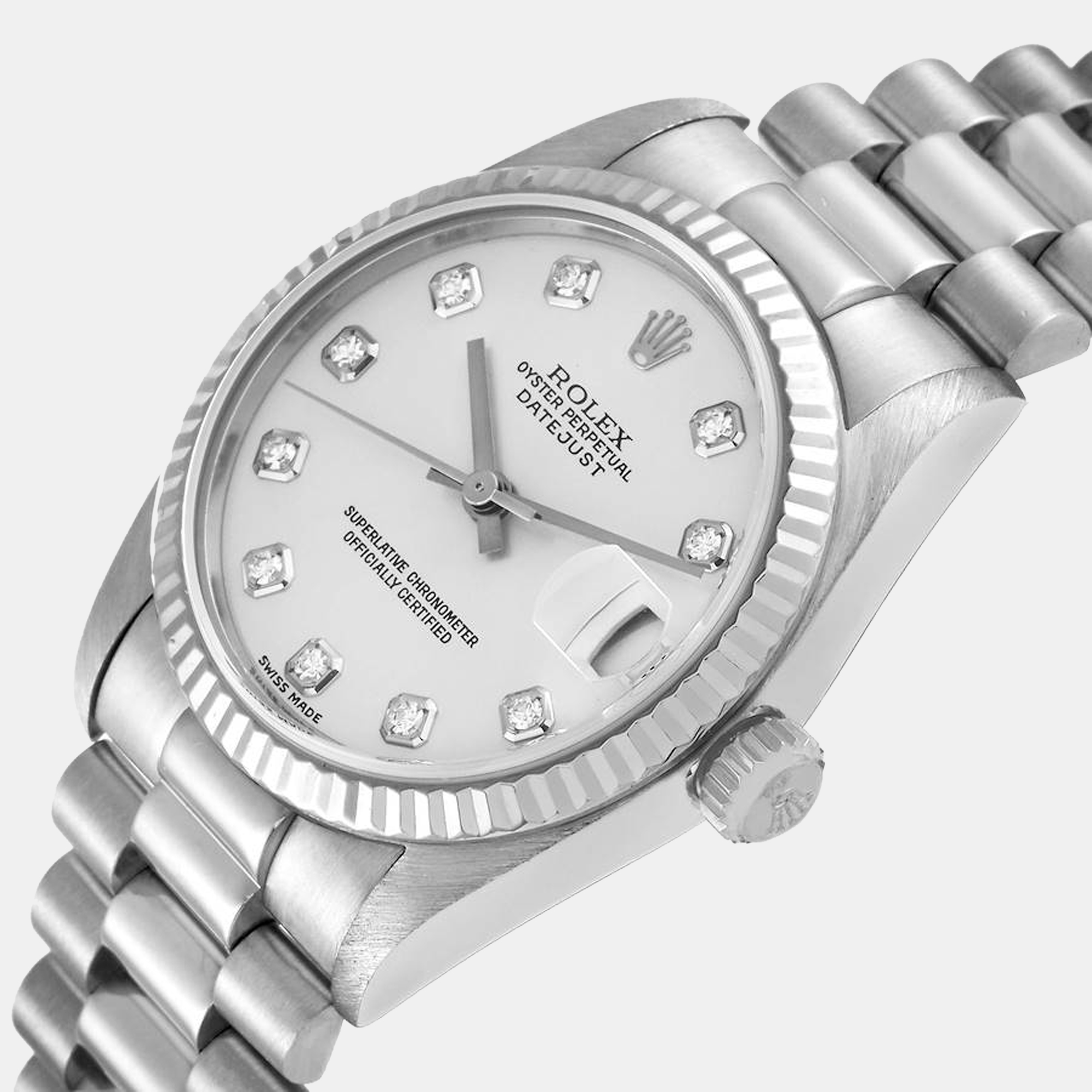 

Rolex Silver Diamonds 18K White Gold President Datejust 78279 Women's Wristwatch 31 mm