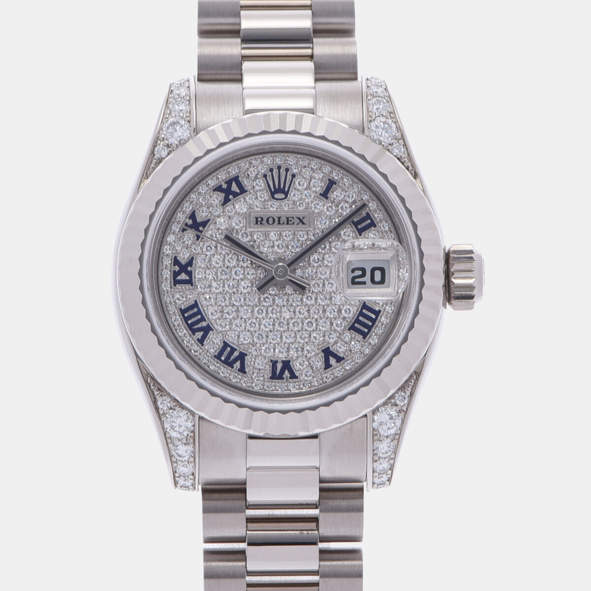 Pre-owned Rolex Silver Diamonds 18k White Gold Datejust 179239zer Women's Wristwatch 26 Mm