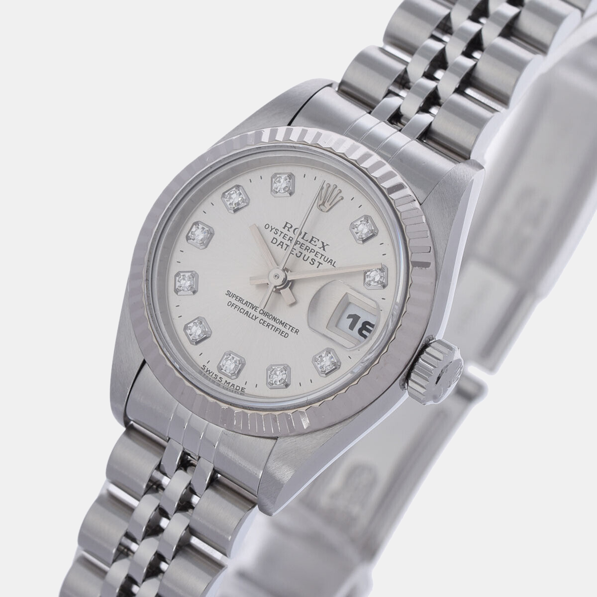 

Rolex MOP Diamonds 18K White Gold And Stainless Steel Datejust 69174 Women's Wristwatch 26 mm, Silver