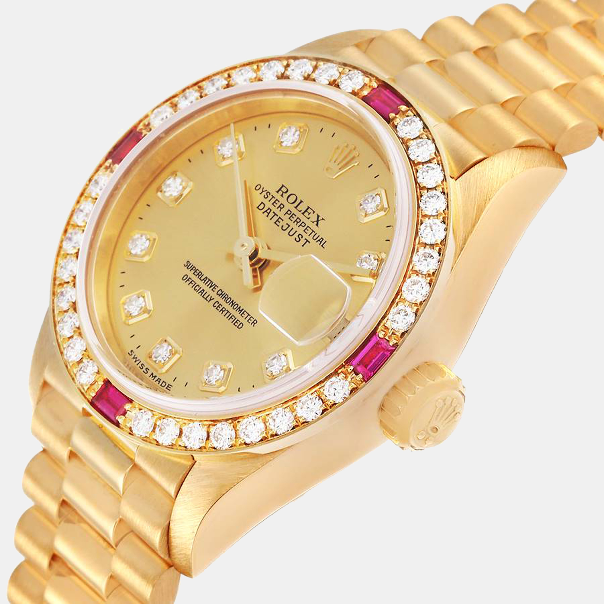 

Rolex Champagne Diamonds Ruby 18K Yellow Gold President Datejust 79068 Women's Wristwatch 26 mm