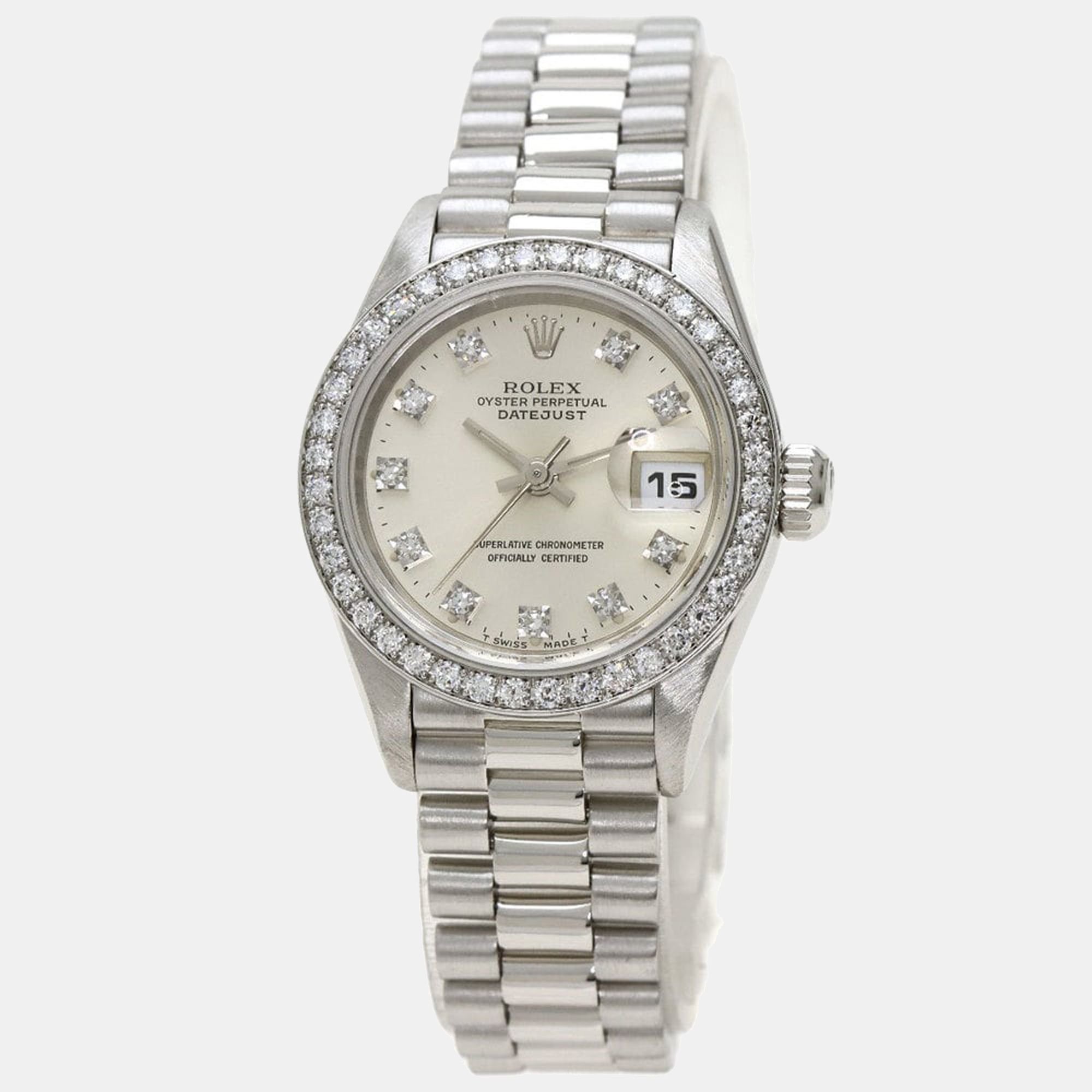 Pre-owned Rolex Silver Diamonds Platinum Datejust 69136 Women's Wristwatch 26 Mm