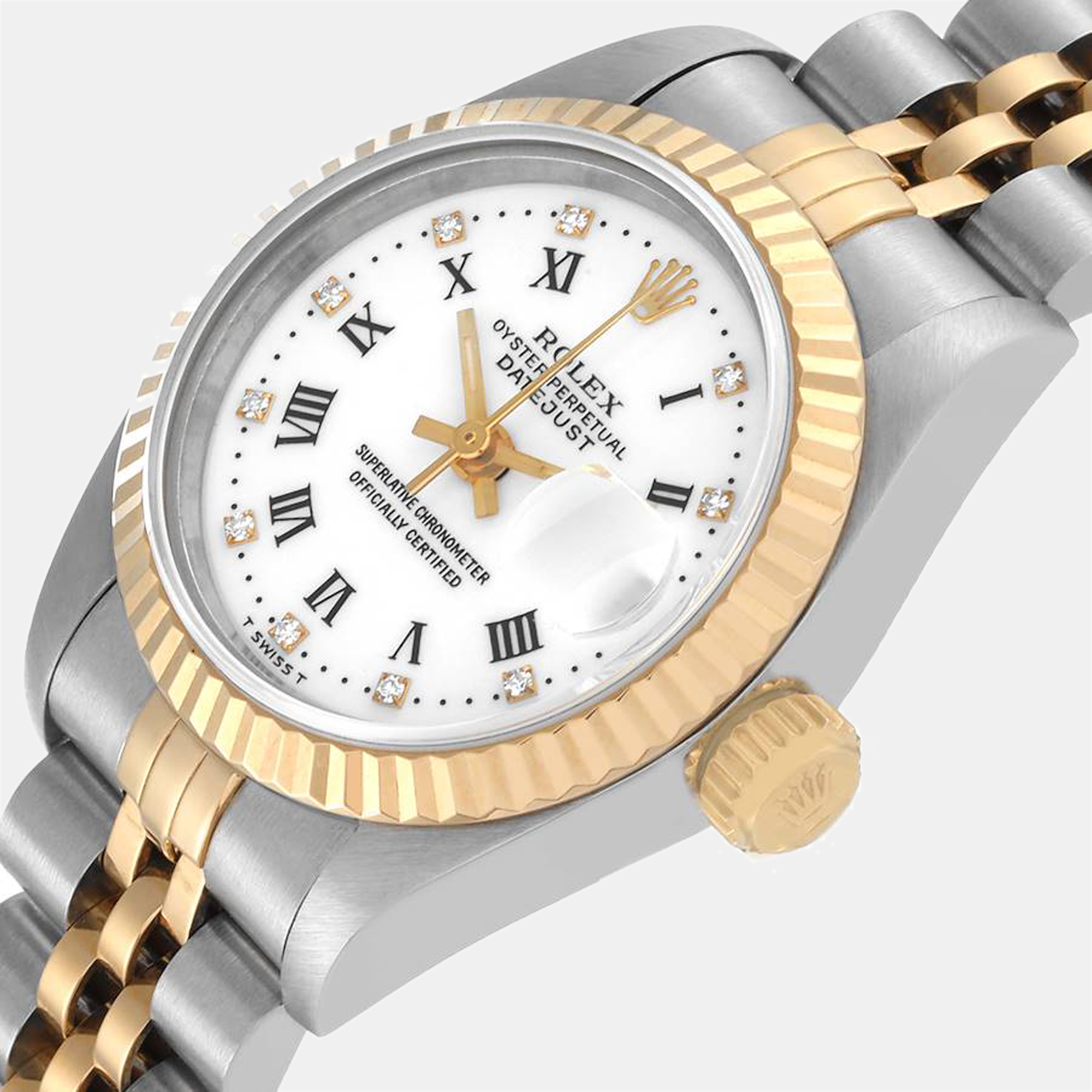 

Rolex White Diamonds 18K Yellow Gold And Stainless Steel Datejust 69173 Women's Wristwatch 26 mm