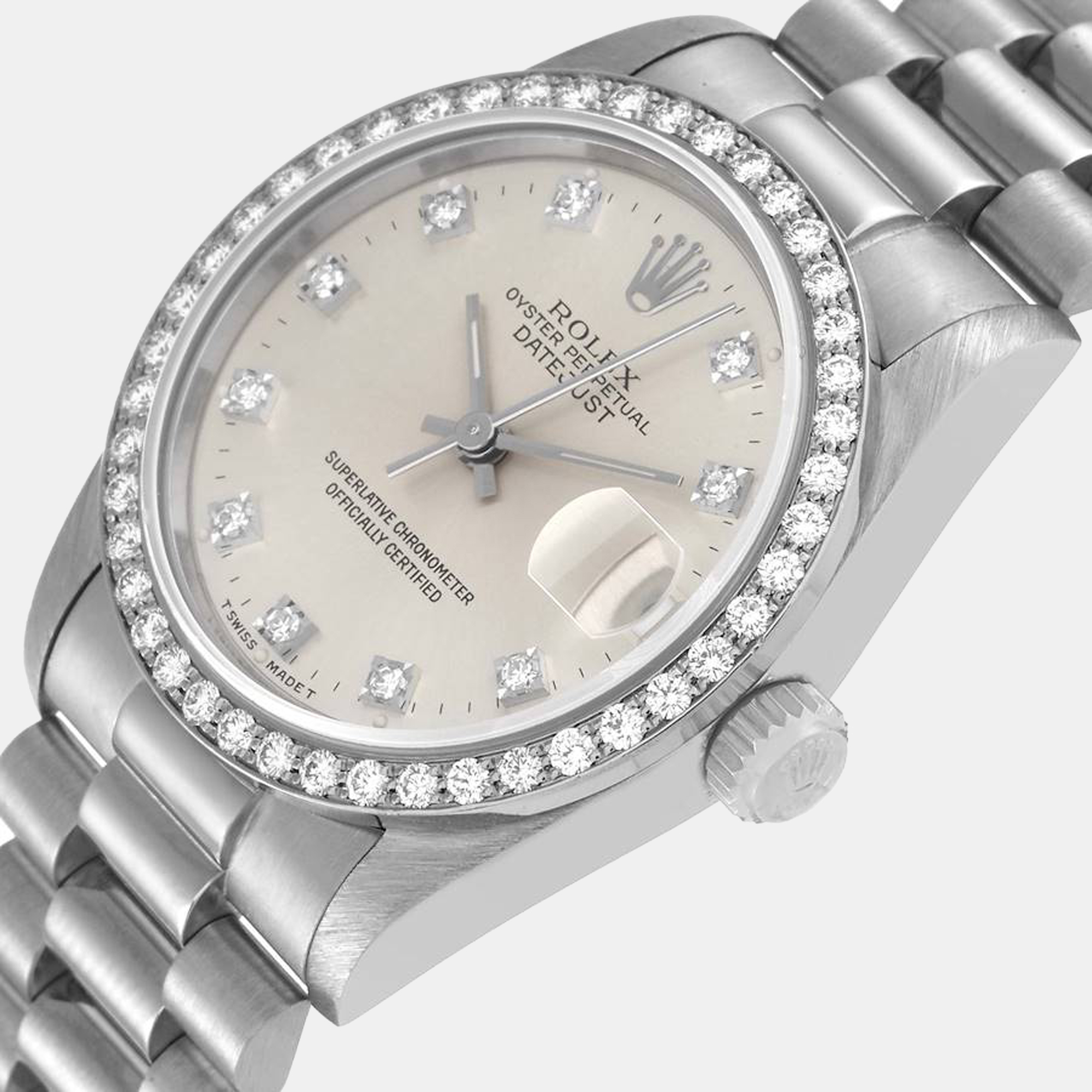 

Rolex President Datejust Midsize White Gold Diamond Ladies Watch 68289
