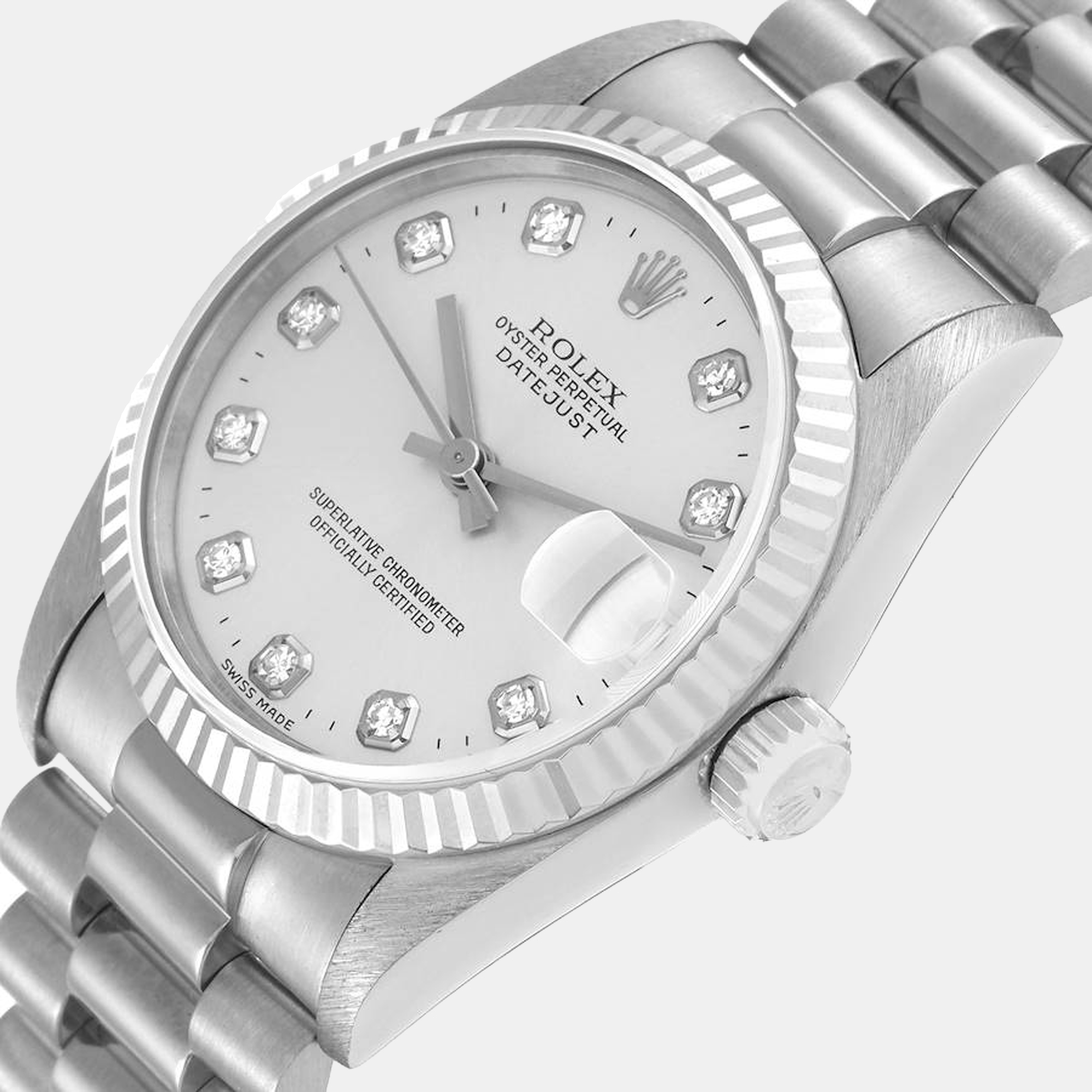 

Rolex President Datejust Midsize White Gold Diamond Ladies Watch 68279, Silver