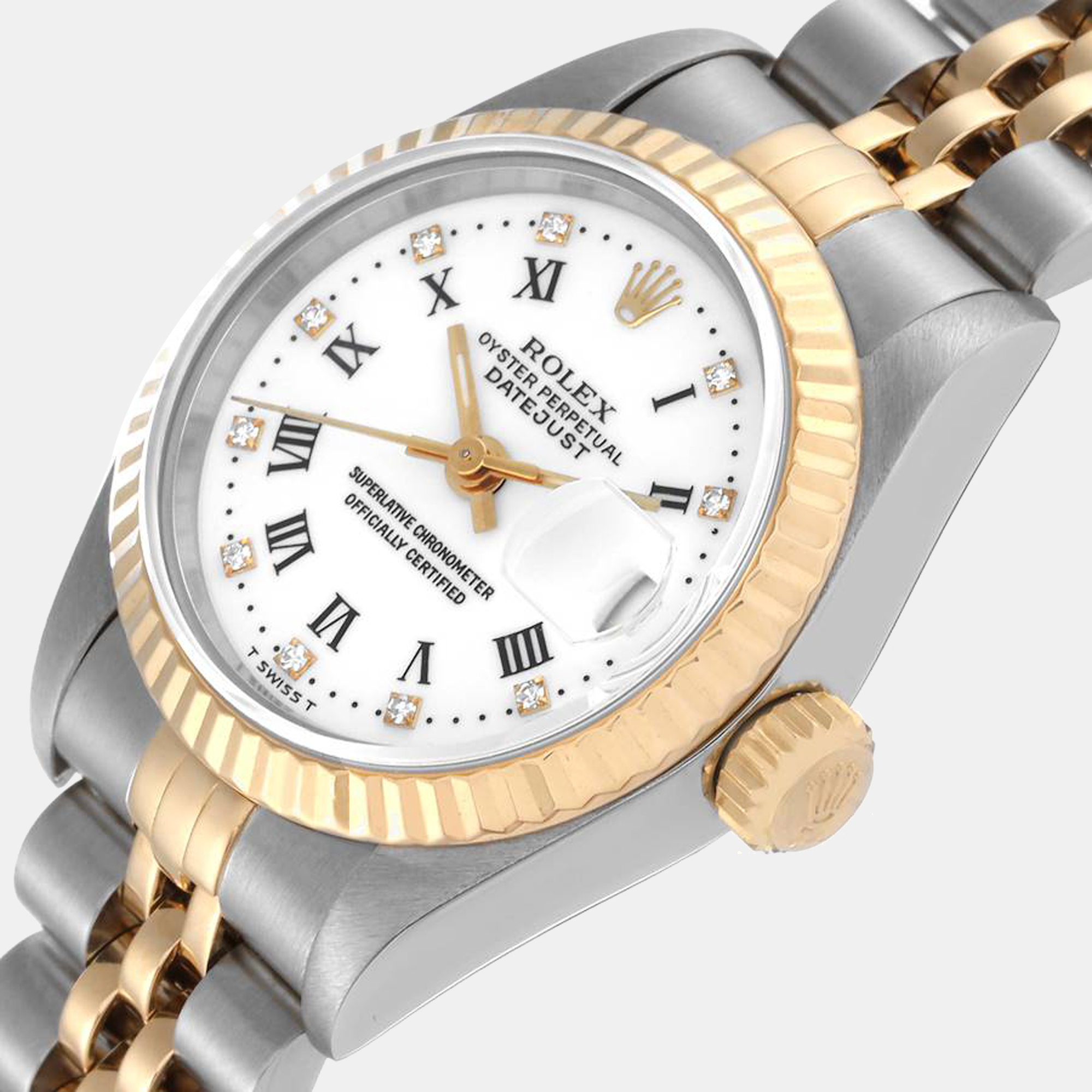 

Rolex White Diamonds 18K Yellow Gold And Stainless Steel Datejust 69173 Women's Wristwatch 26 mm