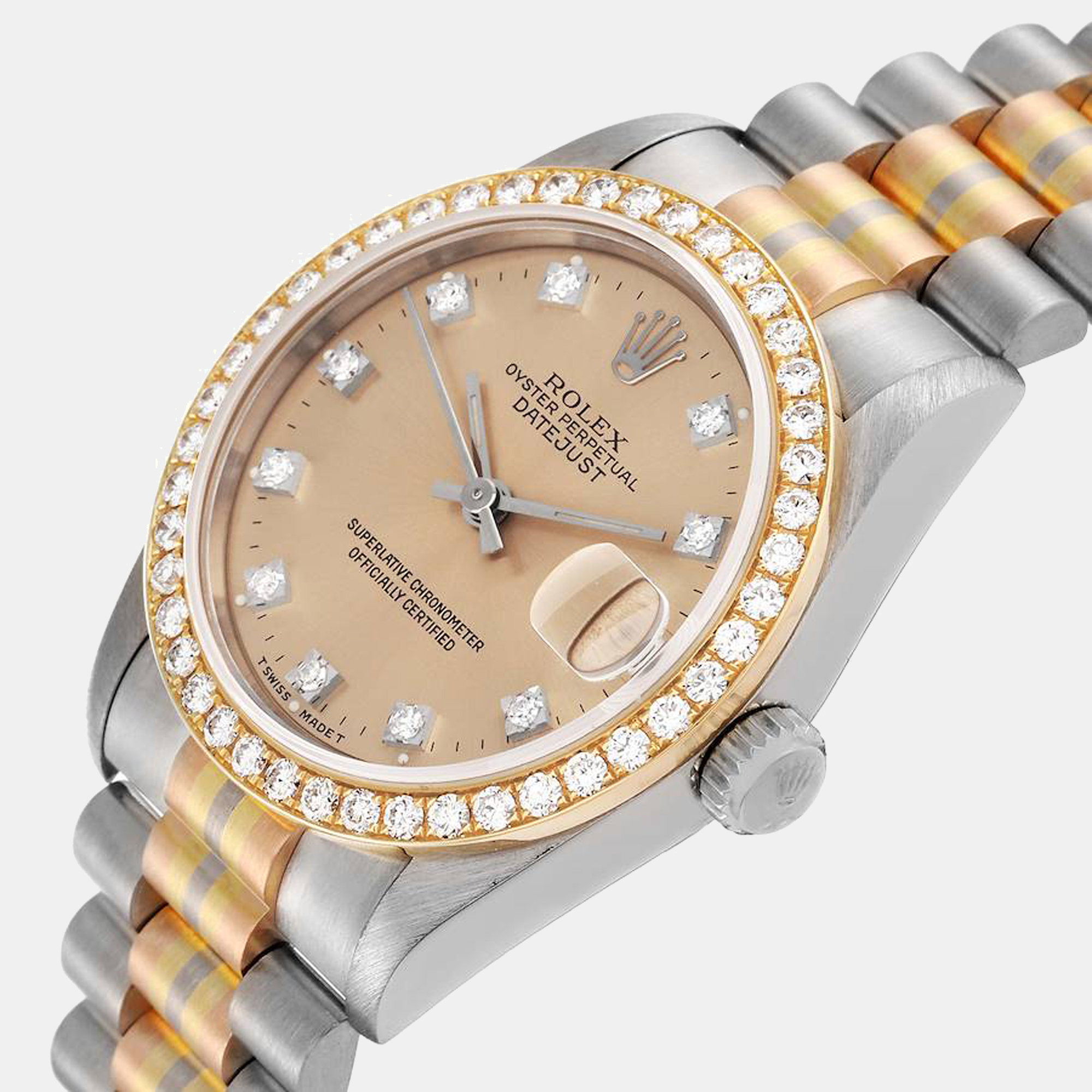 

Rolex President Tridor Midsize White Yellow Rose Gold Diamond Ladies Watch 68289