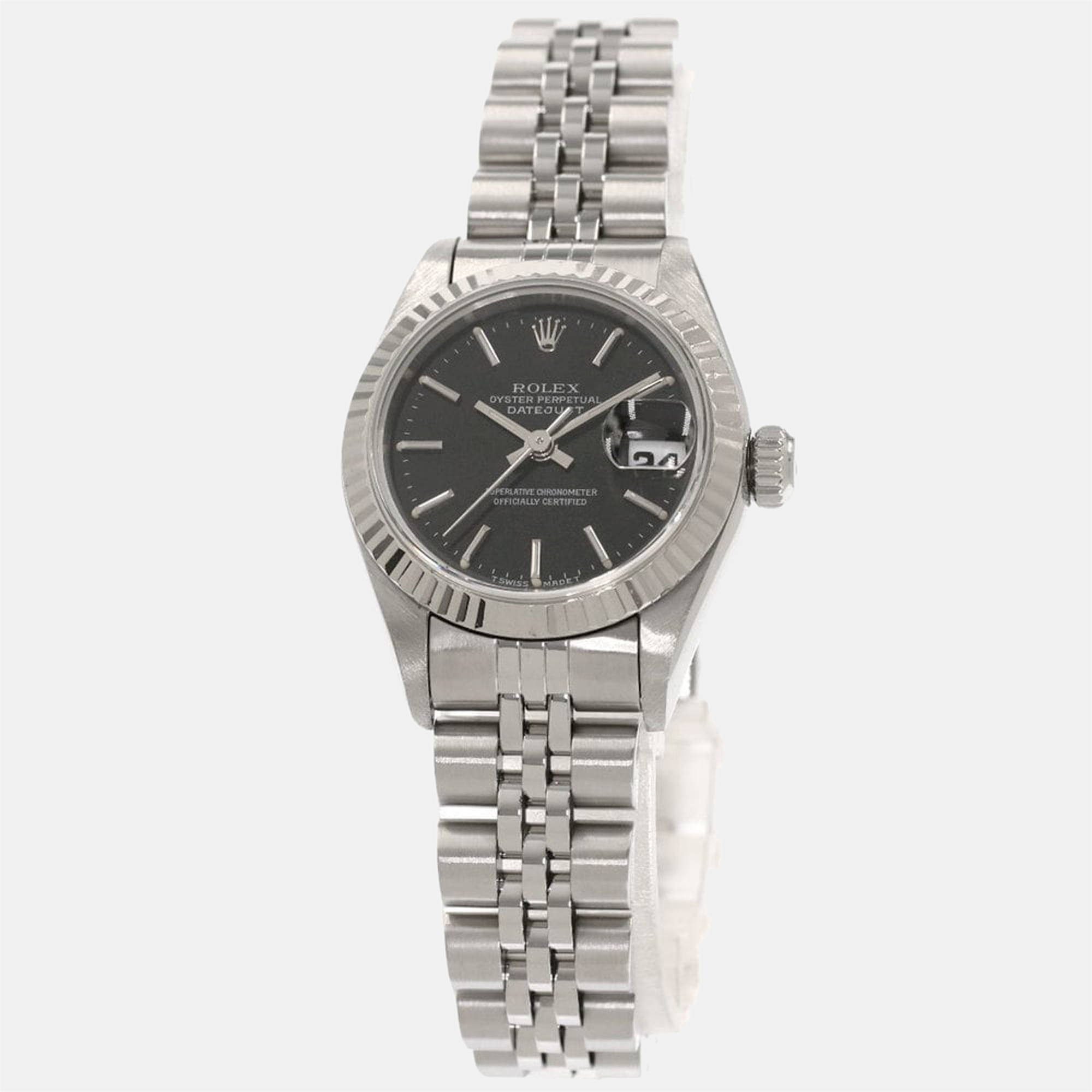 Pre-owned Rolex Black 18k White Gold And Stainless Steel Datejust 69174 Women's Wristwatch 26 Mm In Silver