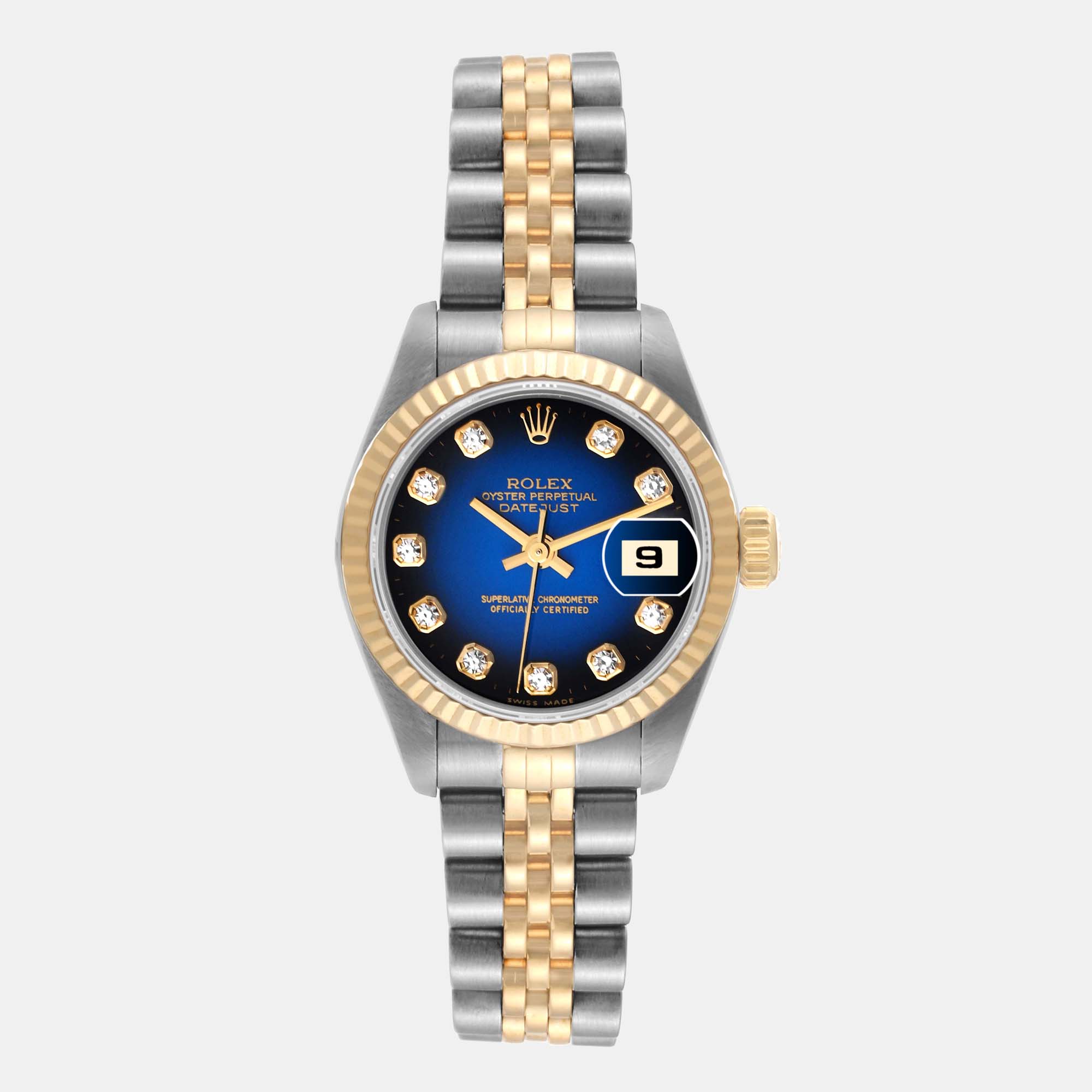 

Rolex Blue Diamonds 18K Yellow Gold And Stainless Steel Datejust 69173 Women's Wristwatch 26 mm