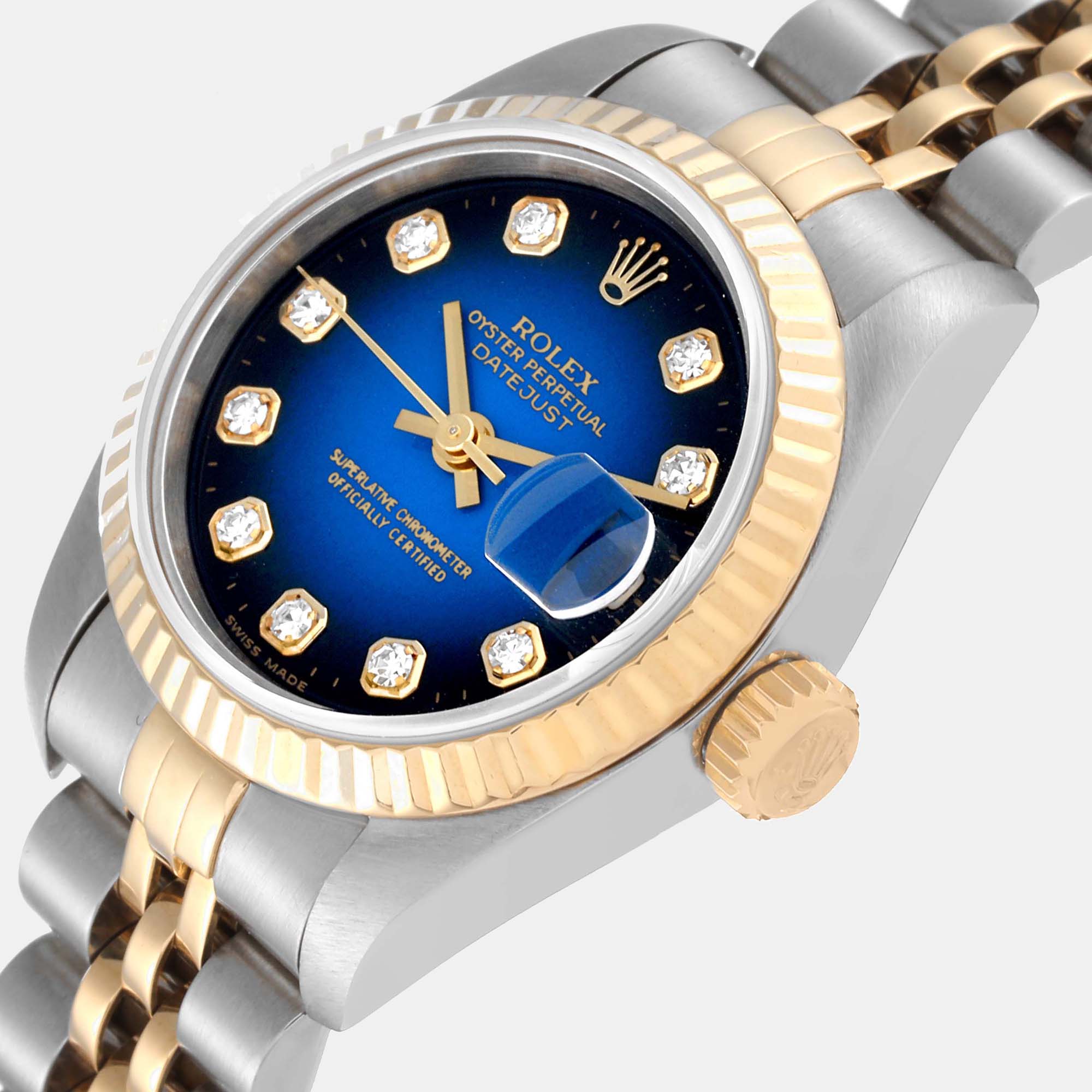 

Rolex Blue Diamonds 18K Yellow Gold And Stainless Steel Datejust 69173 Women's Wristwatch 26 mm