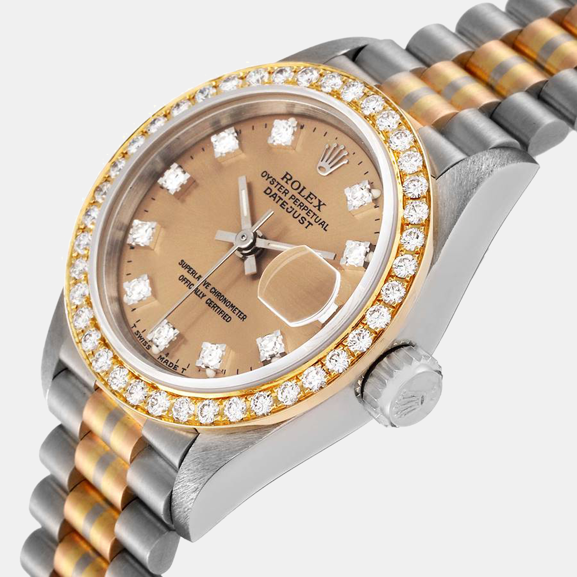 

Rolex President Tridor White Yellow Rose Gold Bronze Dial Diamond Watch 69139