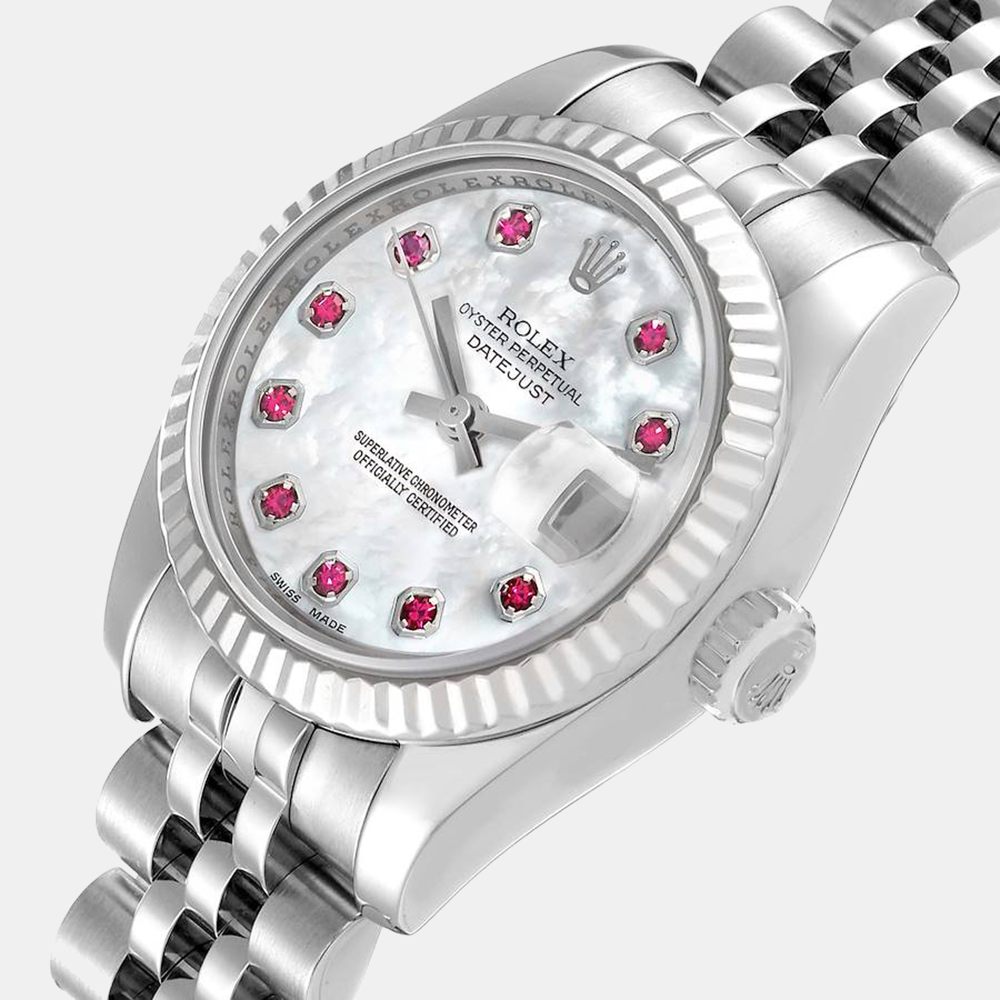 

Rolex Datejust Steel White Gold MOP Ruby Dial Ladies Watch 179174