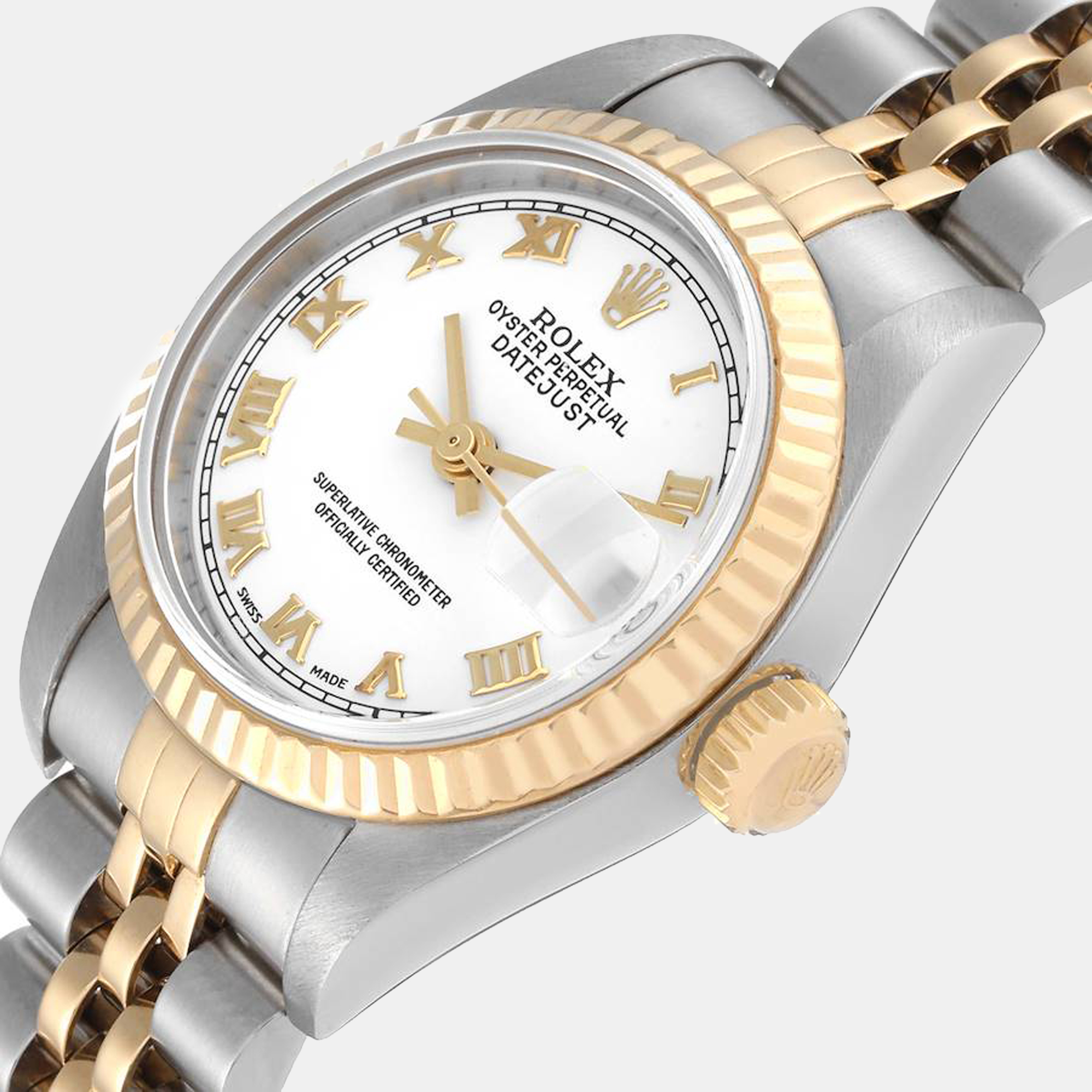 

Rolex White 18K Yellow Gold And Stainless Steel Datejust 79173 Women's Wristwatch 26 mm