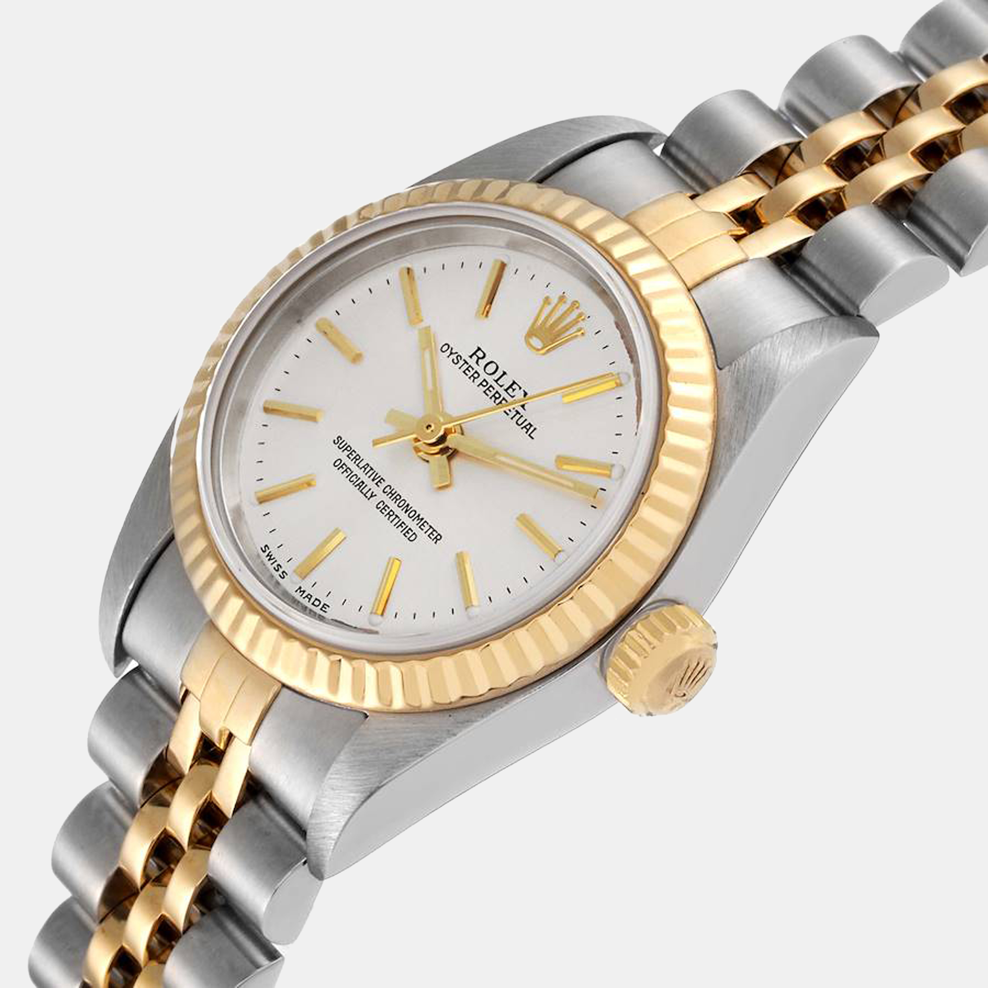 

Rolex Silver 18k Yellow Gold And Stainless Steel Oyster Perpetual 76193 Women's Wristwatch 24 mm