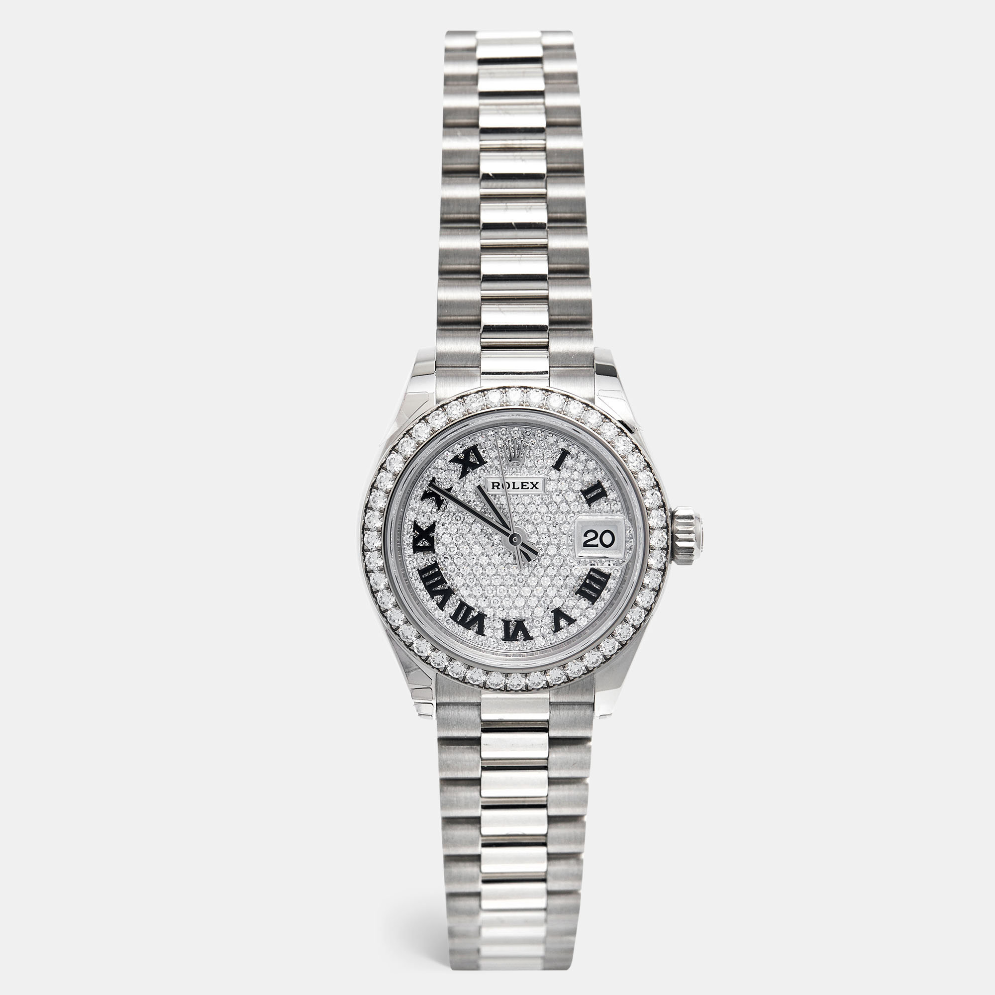 Pre-owned Rolex Diamond Pave 18k White Gold Datejust President M279139rbr-0014 Women's Wristwatch 28 In Silver