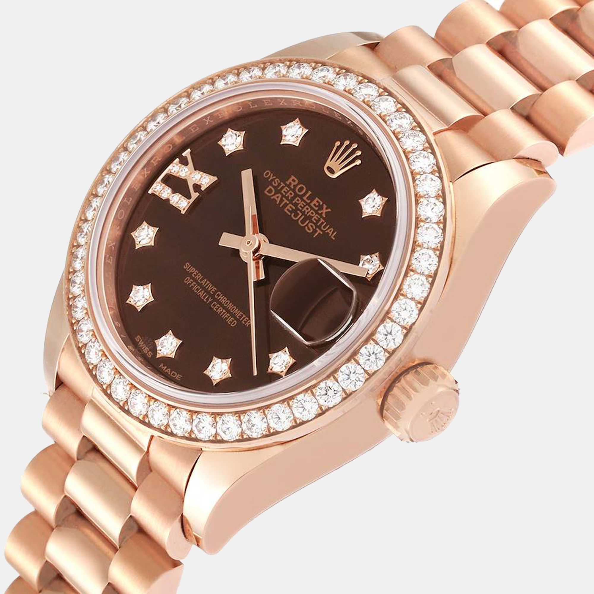 

Rolex President 28 Rose Gold Chocolate Diamond Dial Ladies Watch 279135, Brown