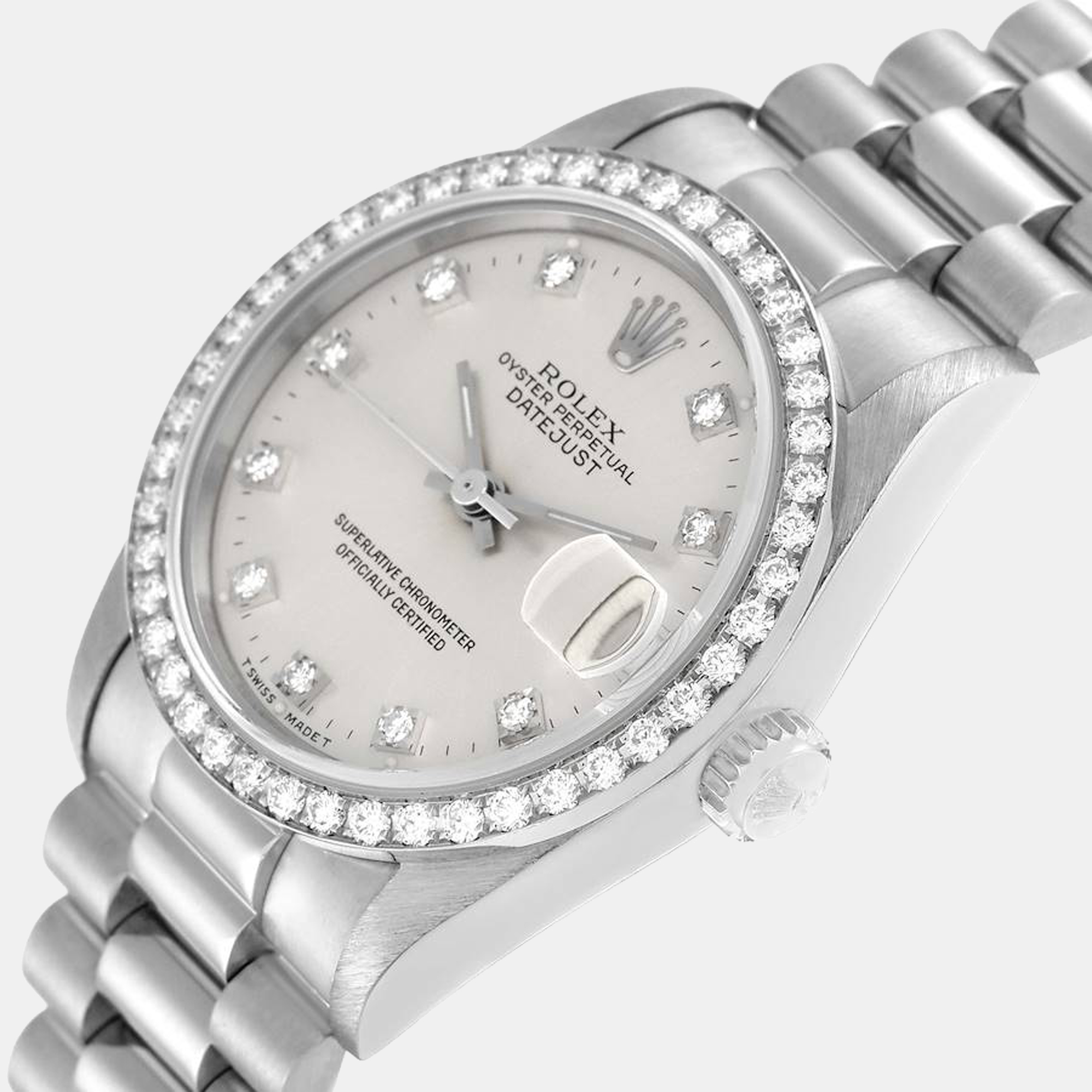 

Rolex President Datejust Midsize White Gold Diamond Ladies Watch 68289, Silver