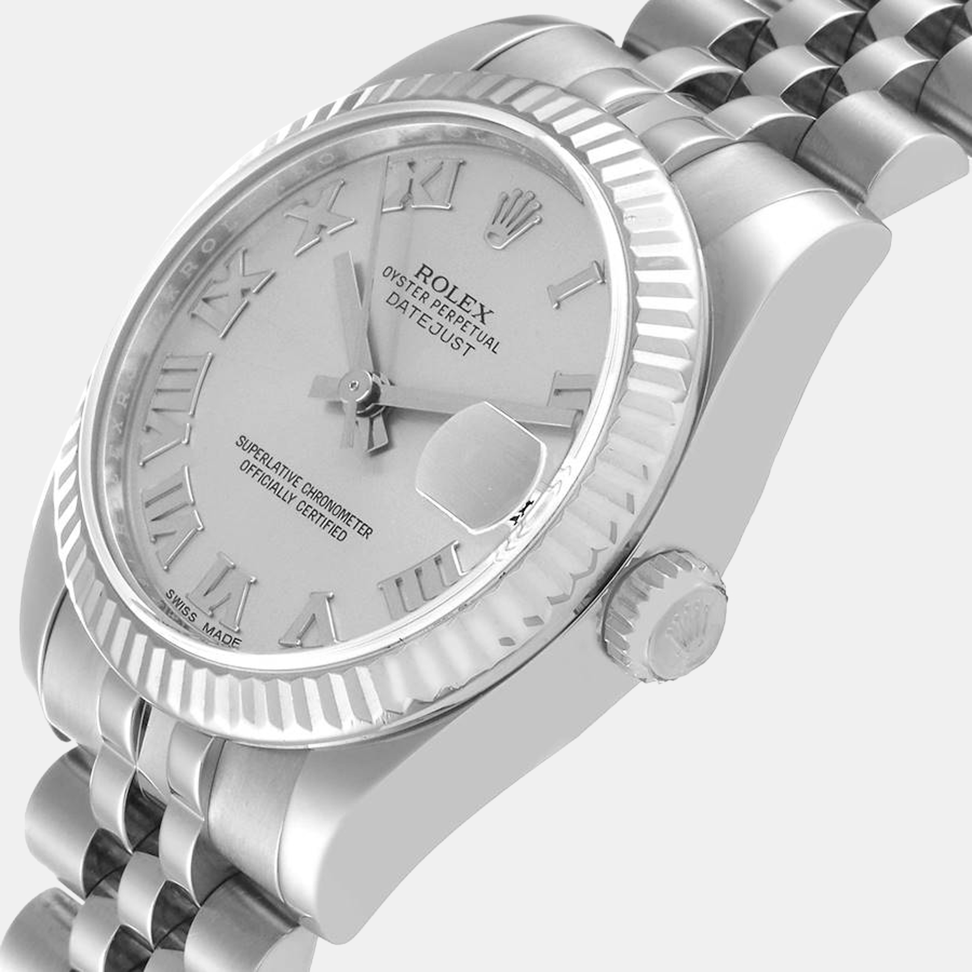 

Rolex Datejust Midsize 31 Steel White Gold Silver Roman Dial Ladies Watch 178274