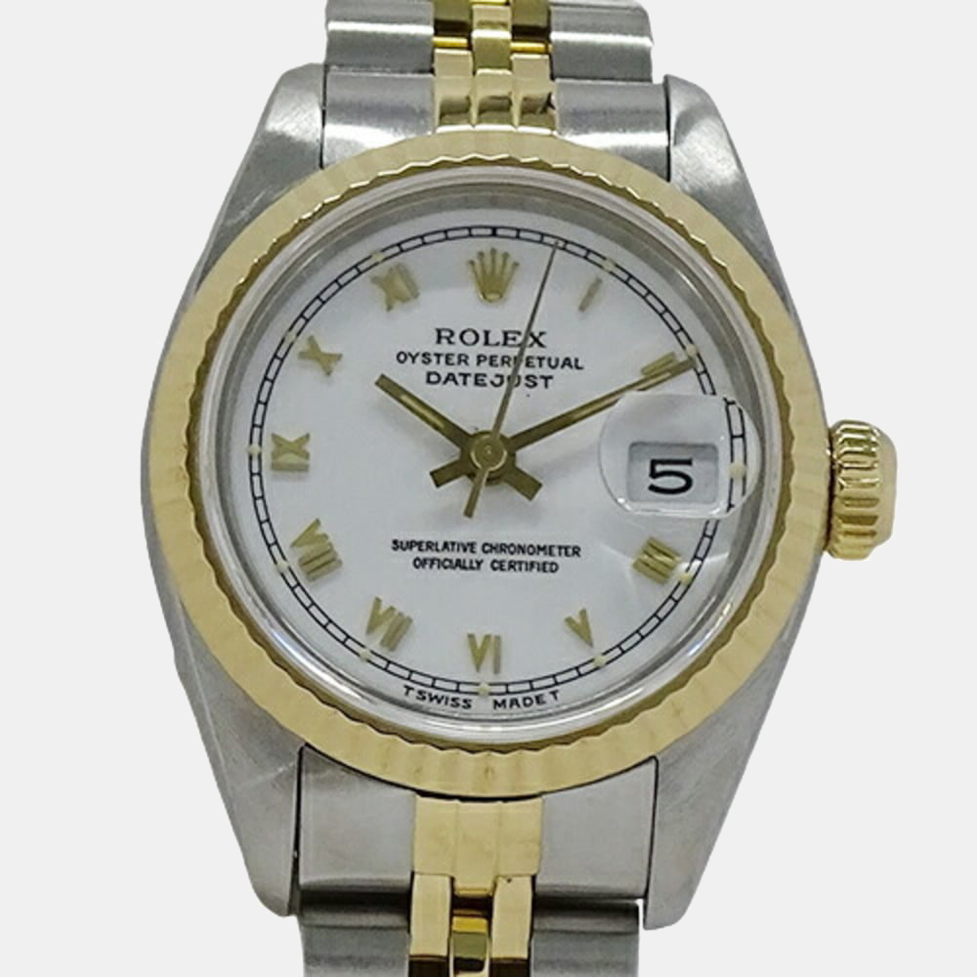 

Rolex White 18K Yellow Gold And Stainless Steel Datejust 69173 Women's Wristwatch 26 mm