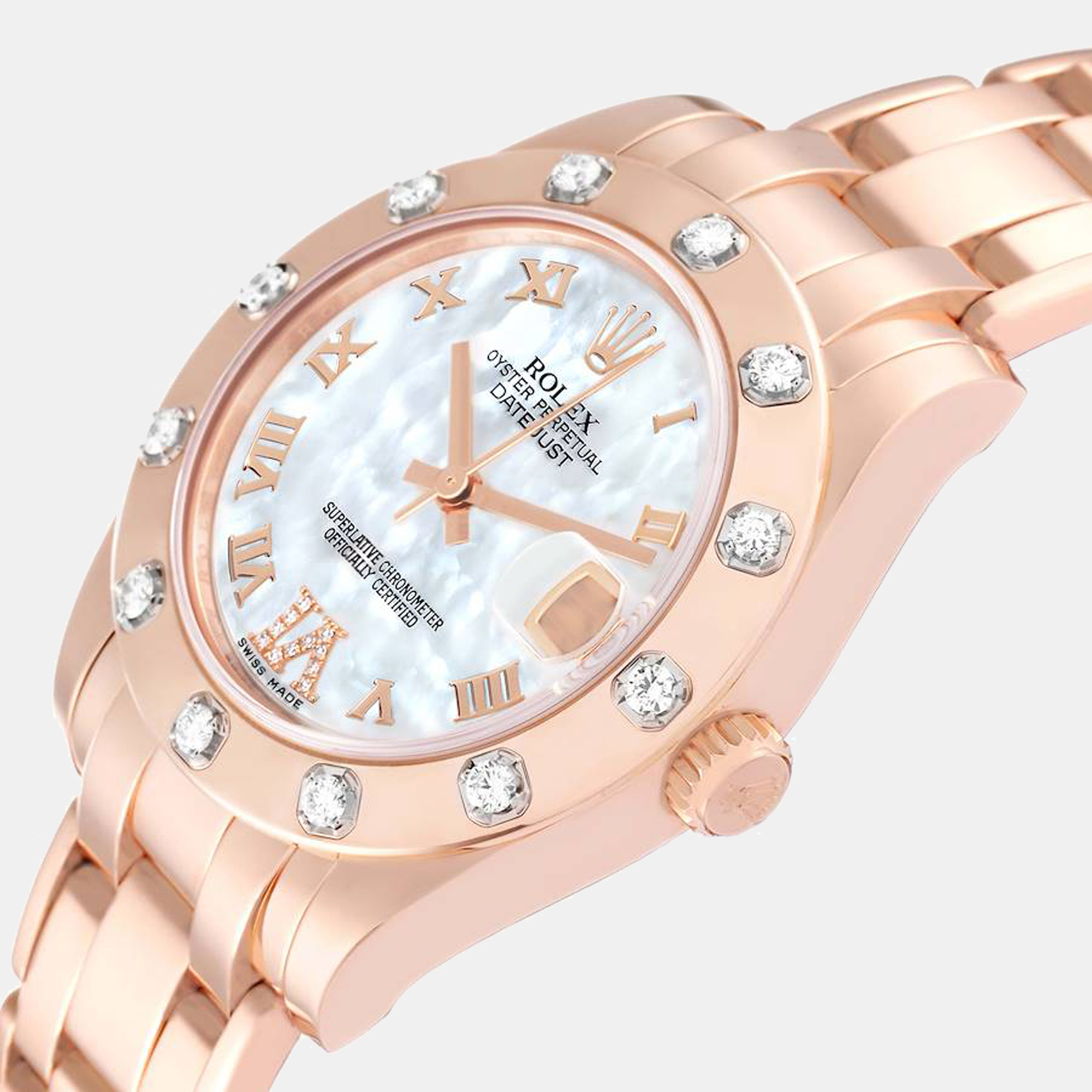 

Rolex Pearlmaster MOP Dial Everose Diamond Ladies Watch 81315, White