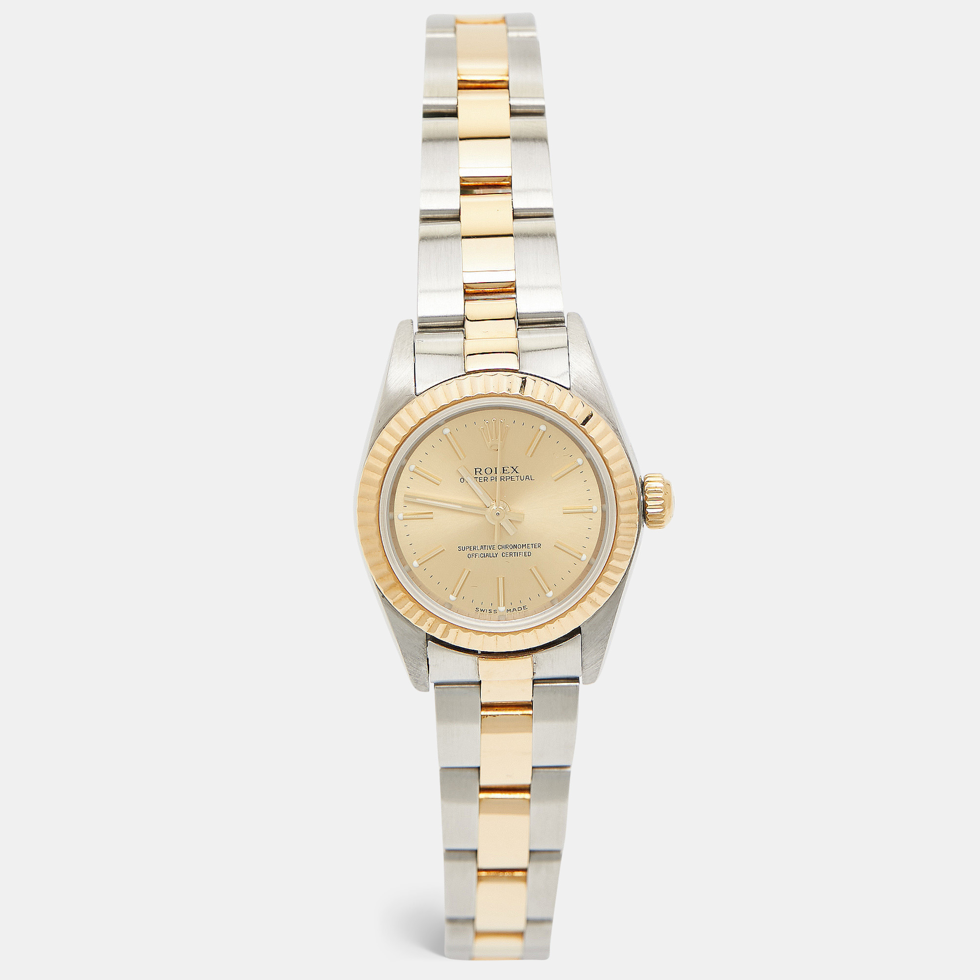 

Rolex Champagne 18k Yellow Gold Stainless Steel Oyster Perpetual 76193 Women's Wristwatch 24 mm