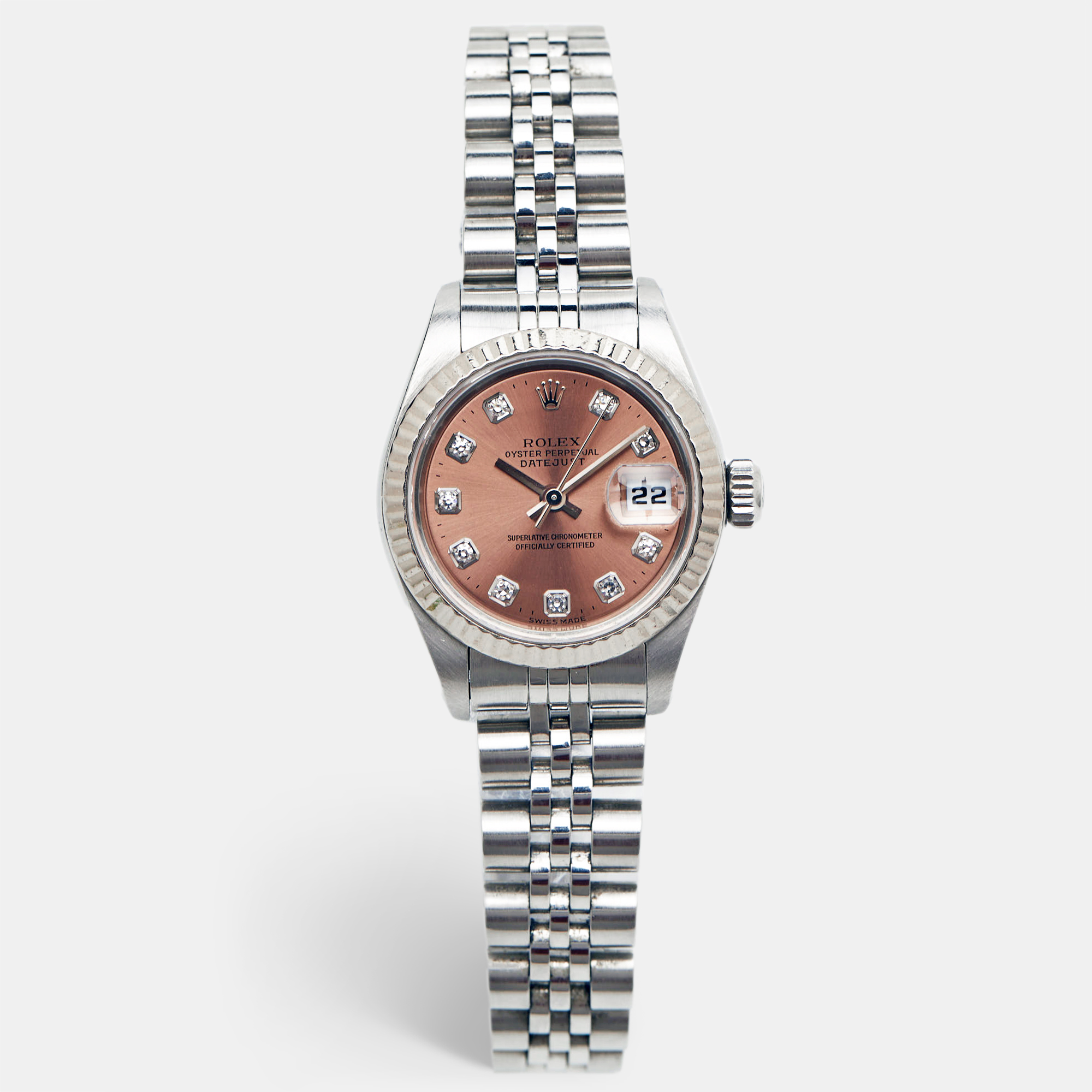 Pre Owned Rolex Pink Diamonds 18K White Gold Stainless Steel Datejust 79174 Women's Wristwatch 26 mm