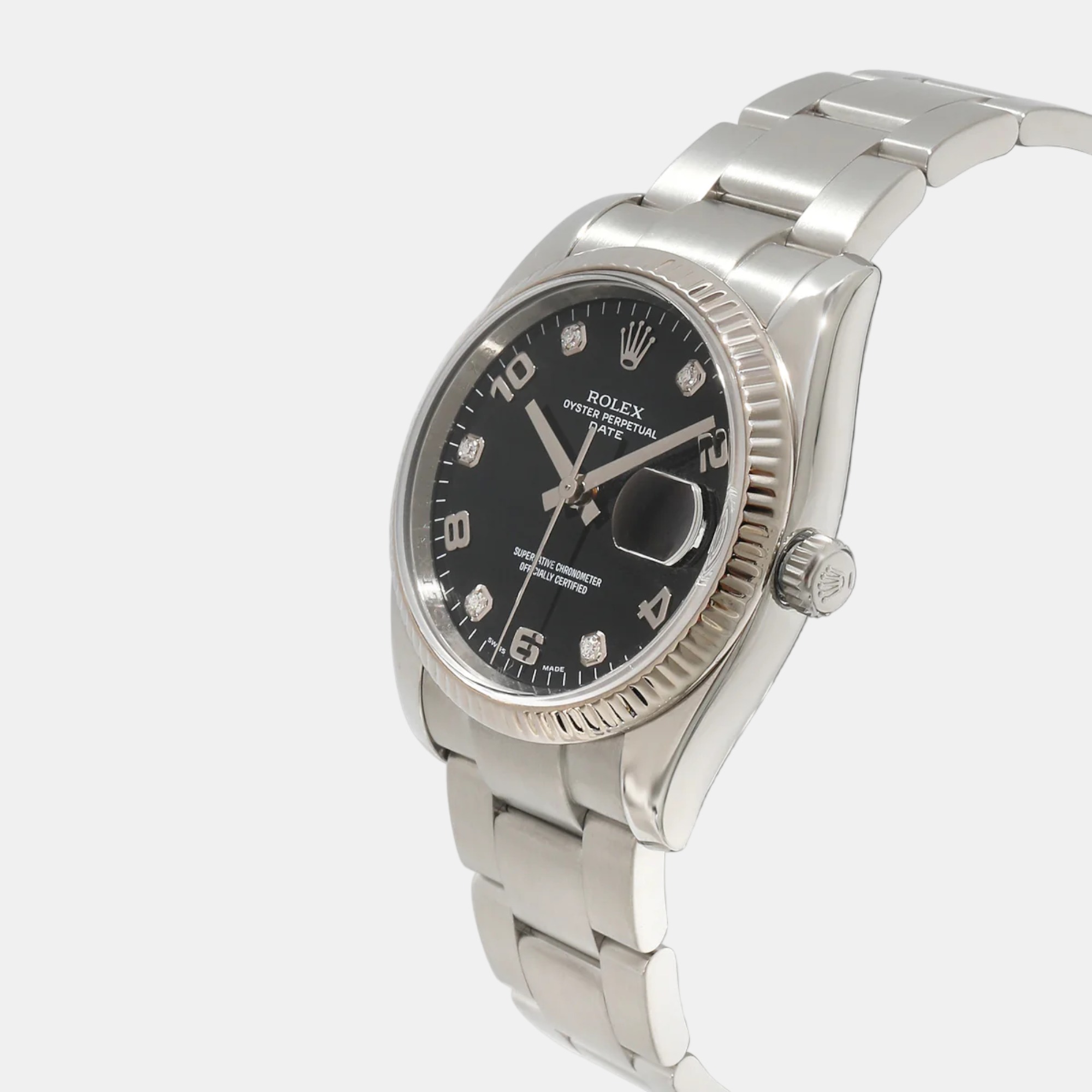 

Rolex Black Diamonds Stainless Steel Oyster Perpetual Date 115234 Women's Wristwatch 34 mm