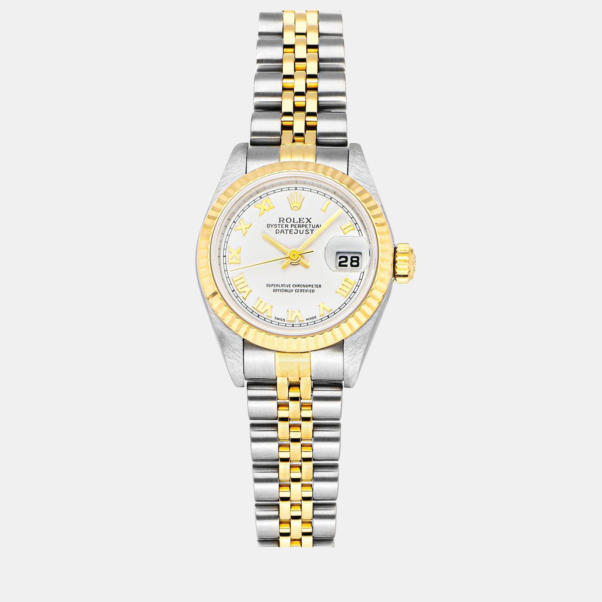 Pre-owned Rolex White 18k Yellow Gold And Stainless Steel Datejust 79173 Automatic Women's Wristwatch 26 Mm