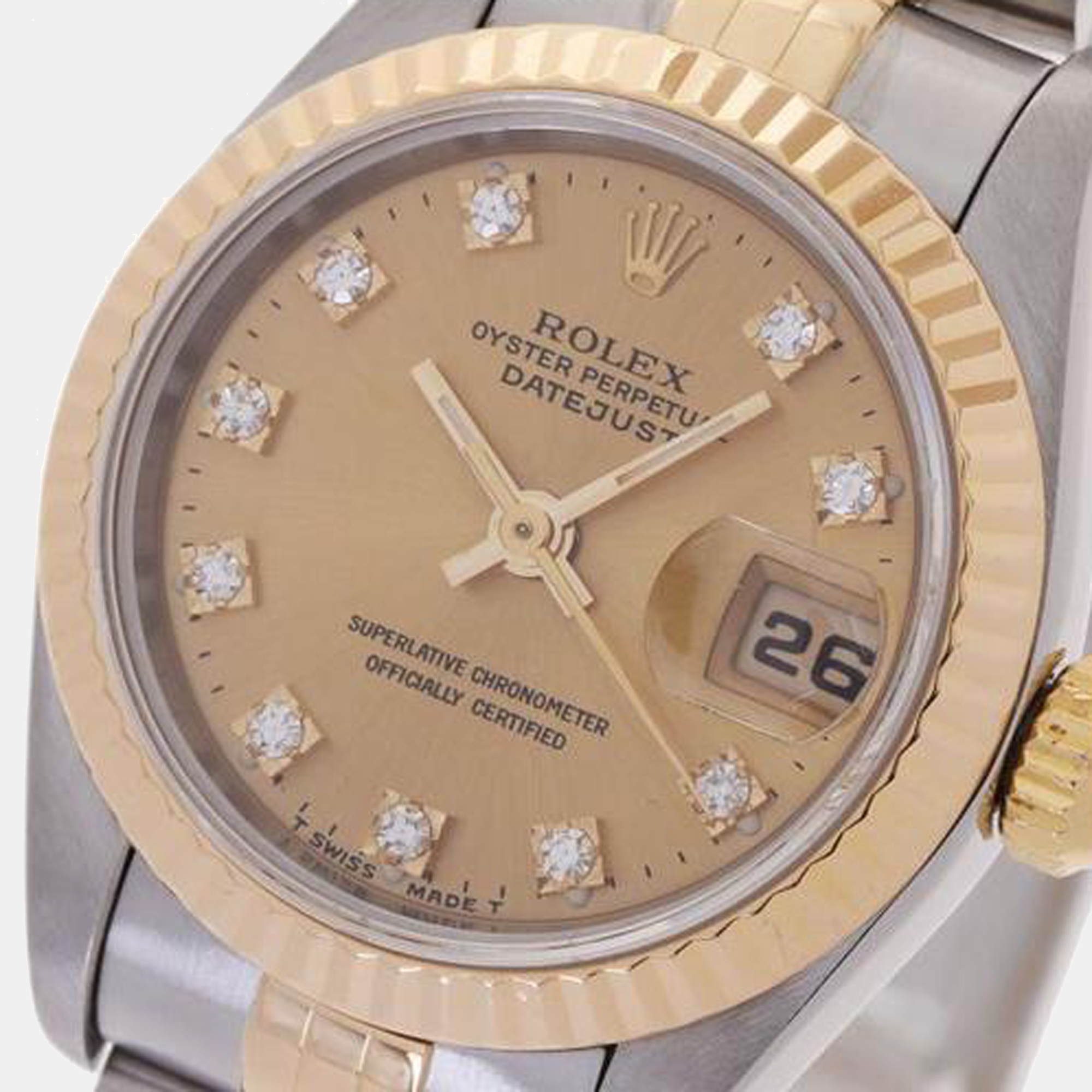 

Rolex Champagne 18K Yellow Gold, Stainless Steel and Diamond Datejust 69173G Automatic Women's Wristwatch, Metallic