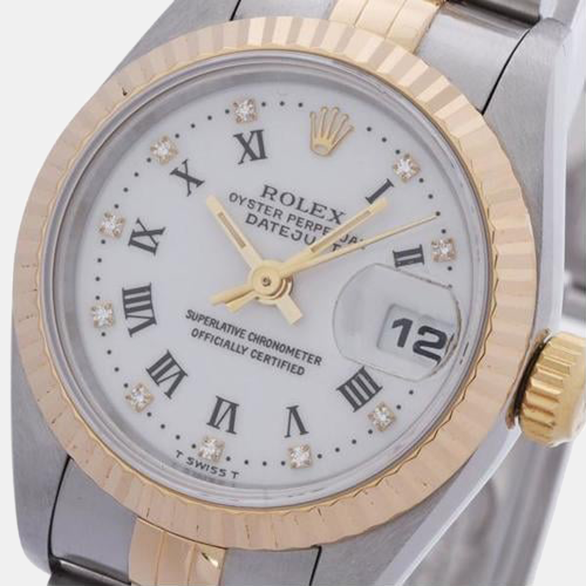 

Rolex White 18K Yellow Gold, Stainless Steel and Diamond Datejust 69173G Automatic Women's Wristwatch