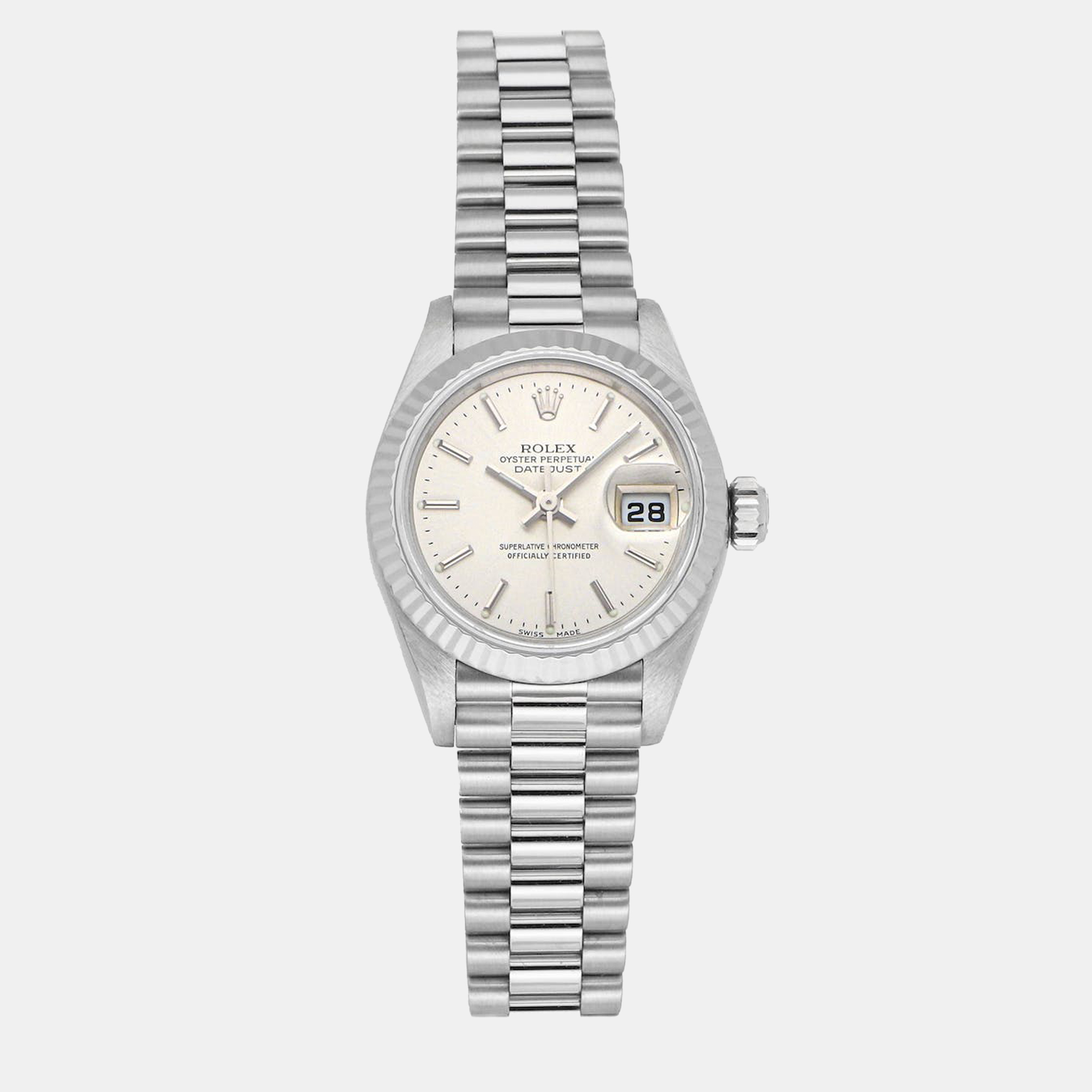 Pre-owned Rolex Silver 18k White Gold Datejust 79179 Automatic Women's Wristwatch 26 Mm