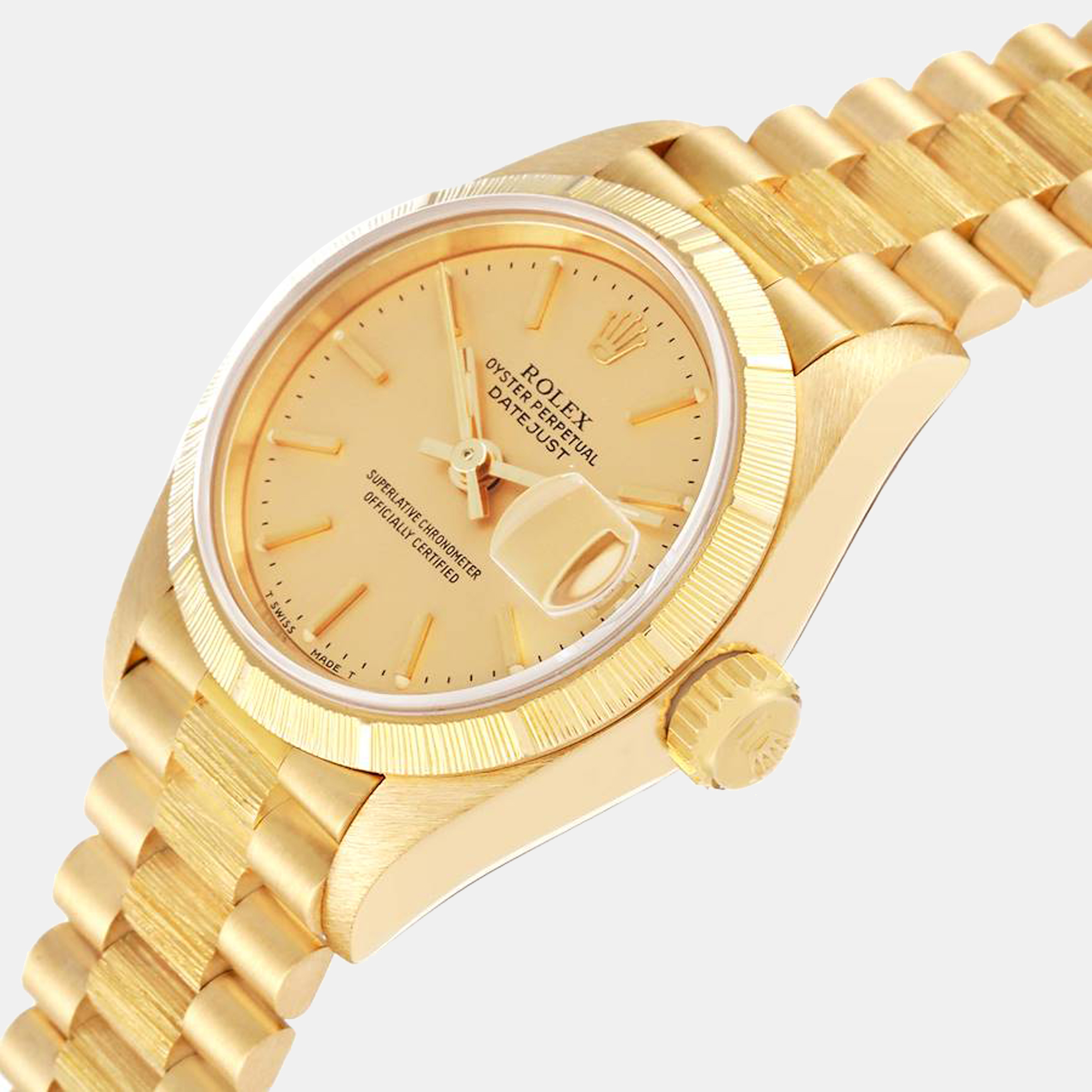 

Rolex Datejust President Yellow Gold Bark Finish Ladies Watch 69278