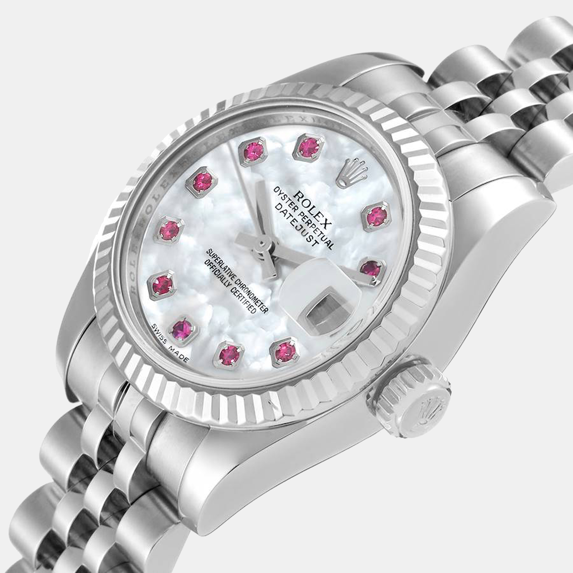 

Rolex Datejust Steel White Gold Mother of Pearl Ruby Dial Ladies Watch 179174