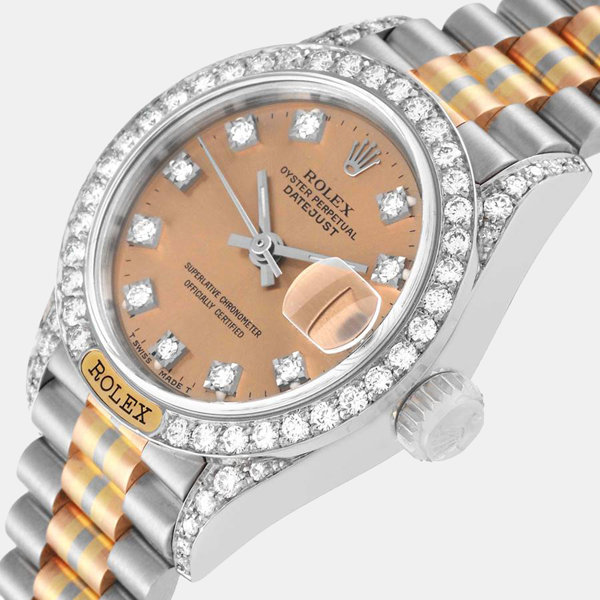 

Rolex President Tridor White Yellow Rose Gold Diamond Ladies Watch 69159, Brown