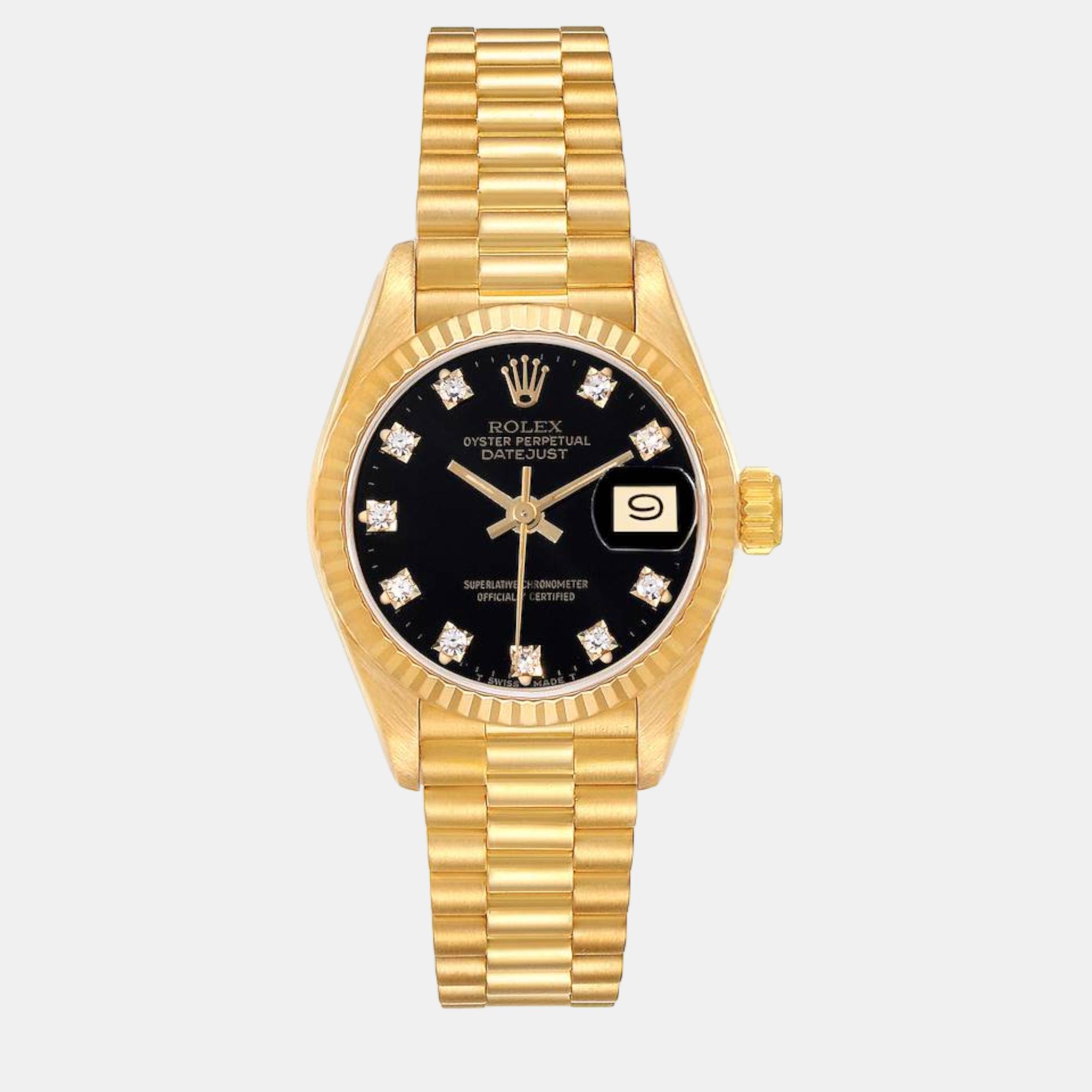 Click to view more detailed imagery on our partner's website Pre-owned Rolex President Yellow Gold Black Diamond Dial Ladies Watch 69178