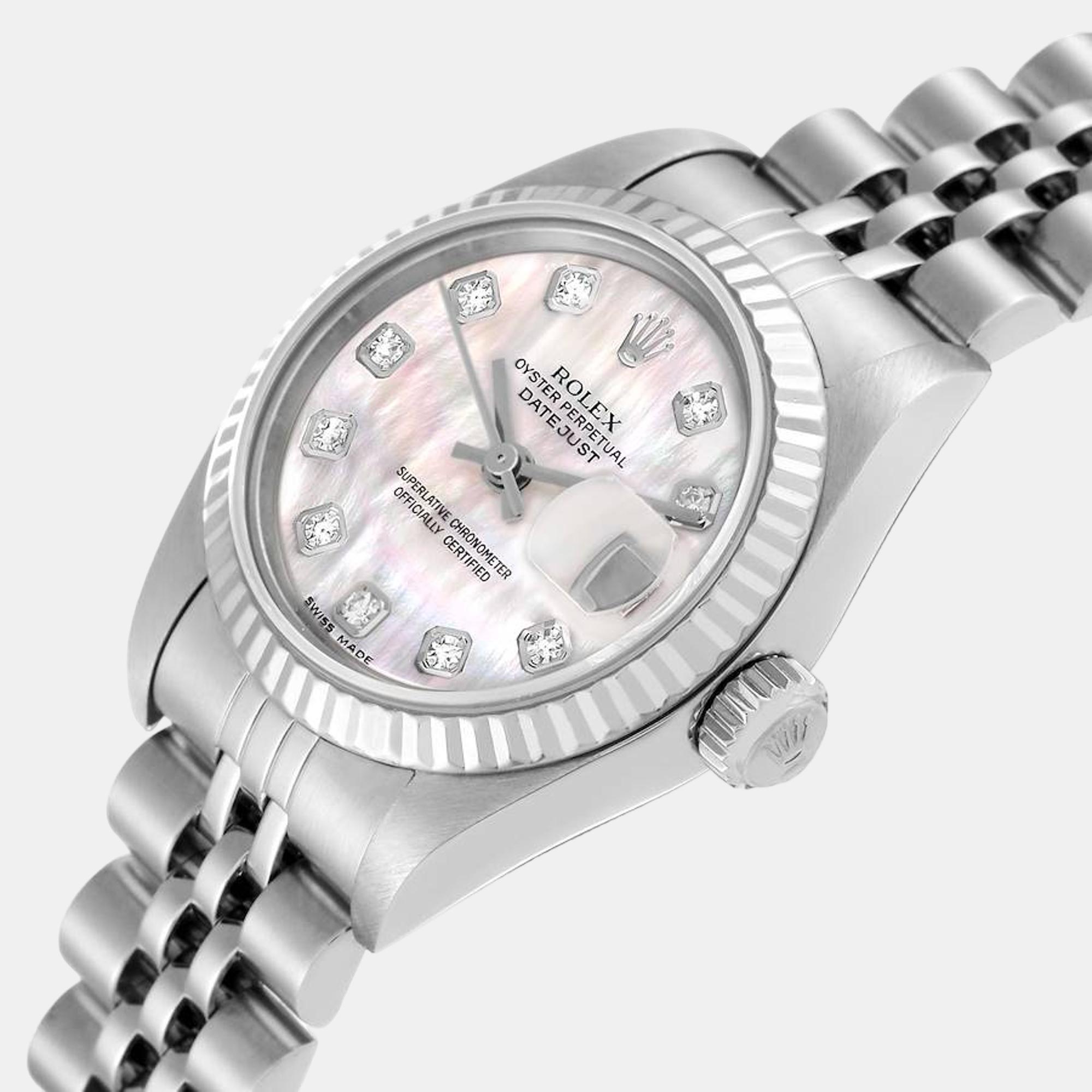 

Rolex Datejust White Gold Mother Of Pearl Diamond Dial Steel Ladies Watch 79174