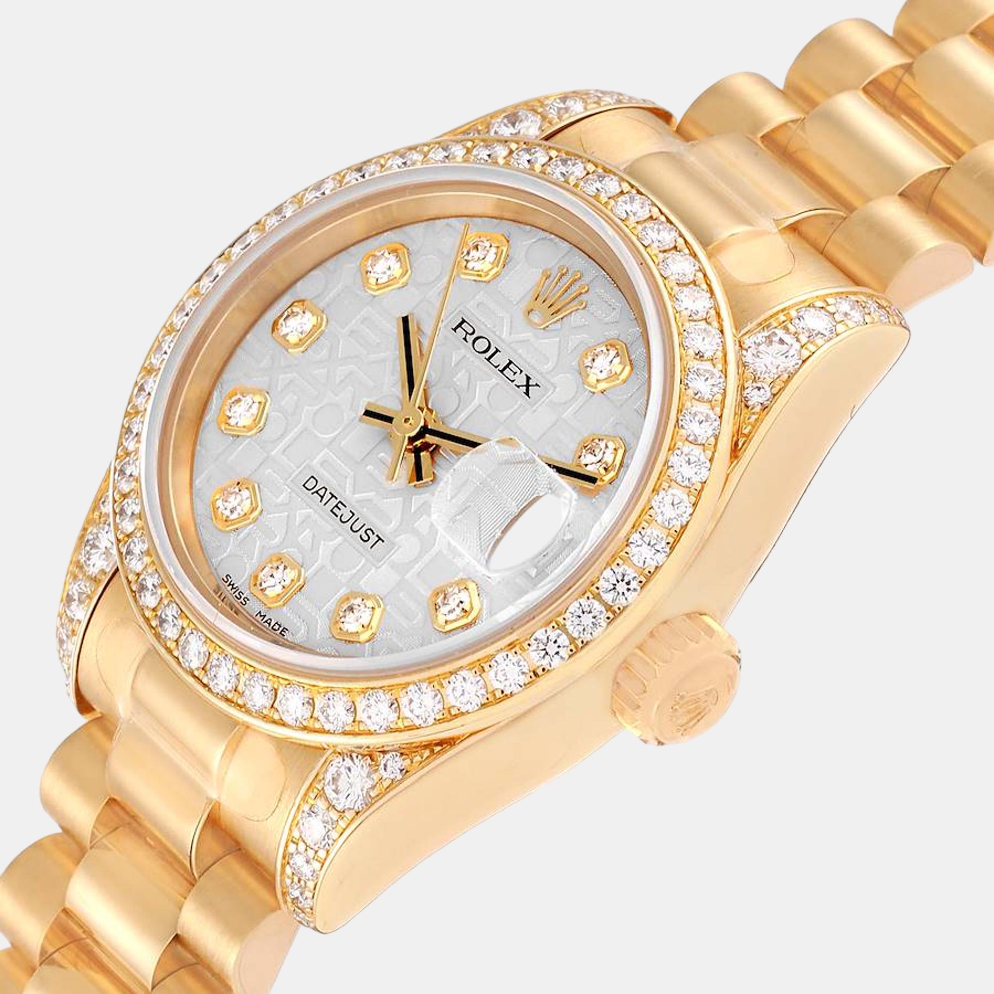 

Rolex President Datejust Yellow Gold Silver Diamond Dial Ladies Watch 179158