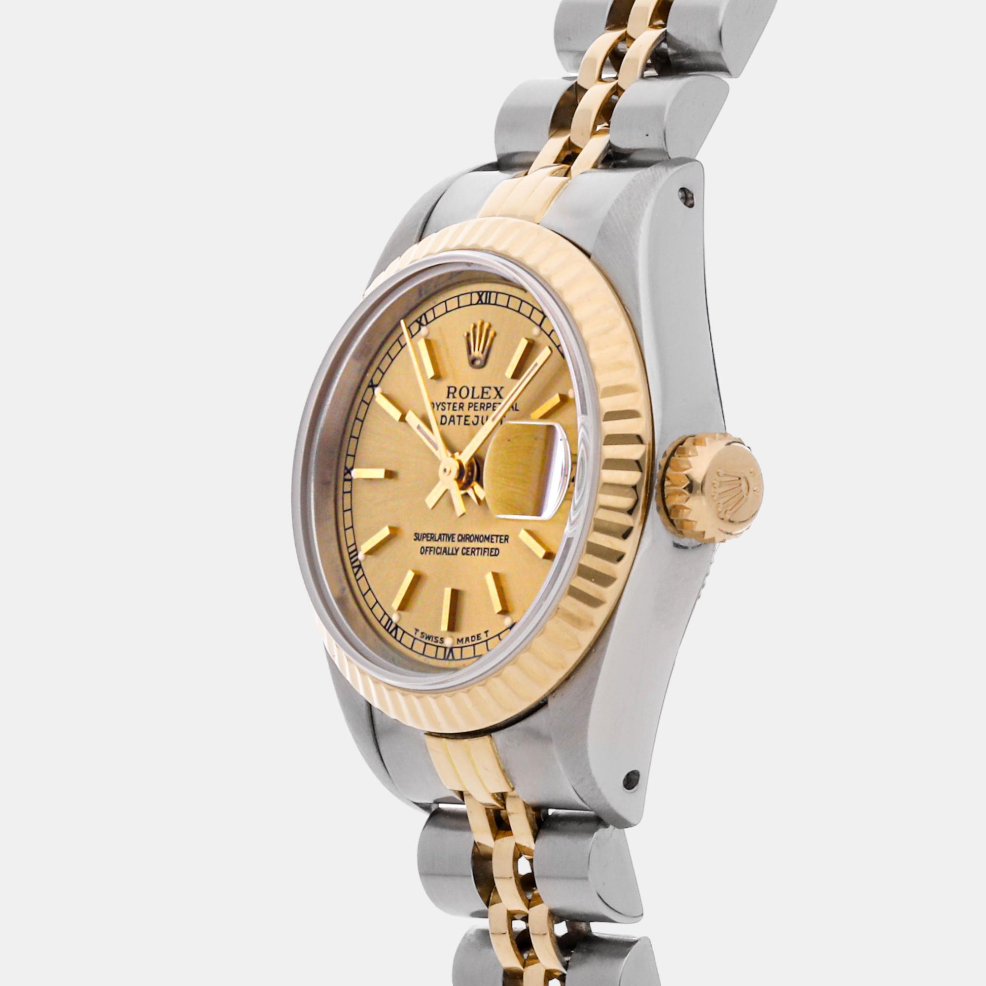 

Rolex Champagne 18k Yellow Gold And Stainless Steel Datejust 69173 Automatic Women's Wristwatch 26 mm