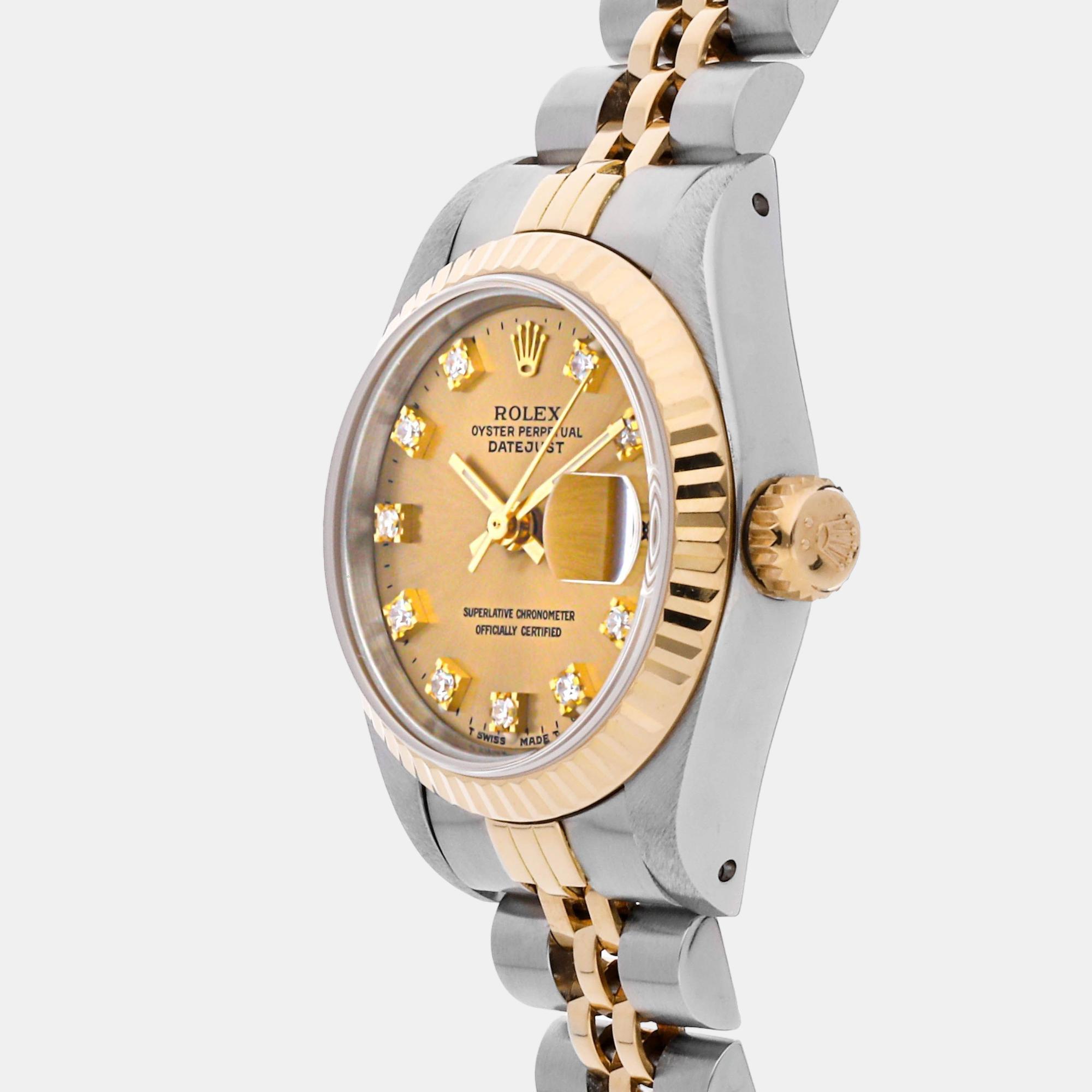 

Rolex Champagne Diamond 18k Yellow Gold And Stainless Steel Datejust 69173 Automatic Women's Wristwatch 26 mm